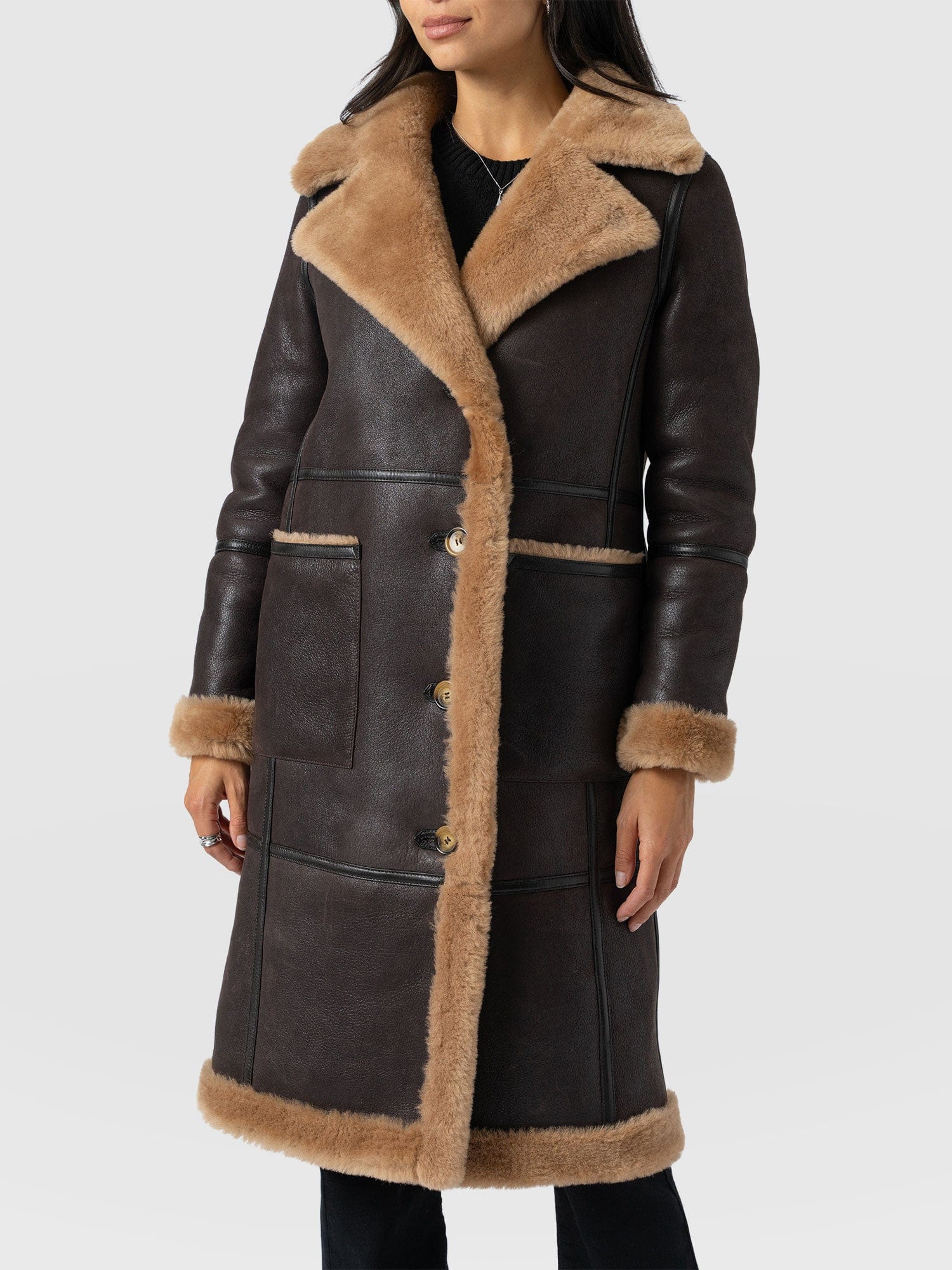 Ramone Shearling Reversible Coat - Brown - Women's Leathers | Saint + Sofia® USA