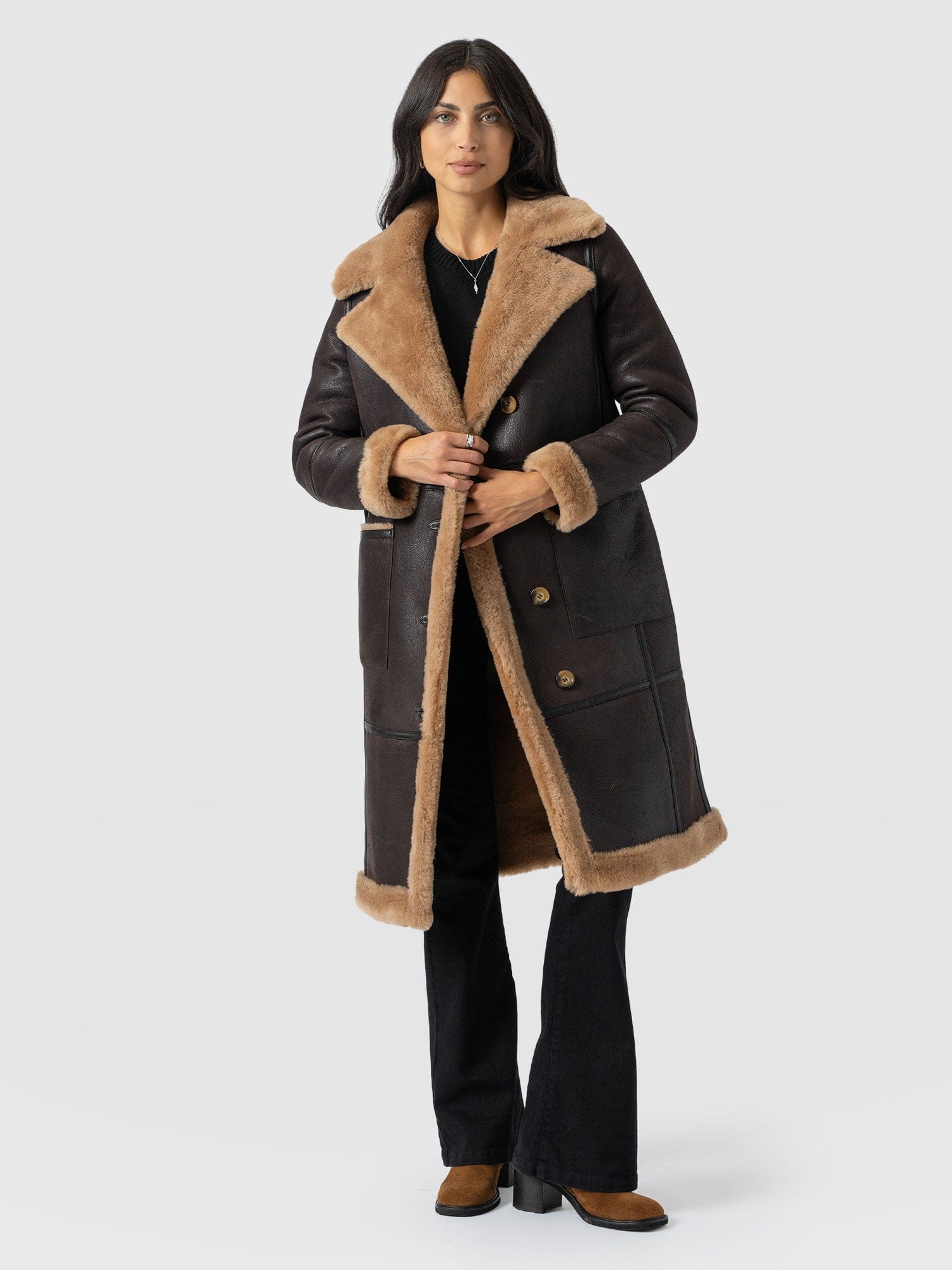 Ramone Shearling Reversible Coat - Brown - Women's Leathers | Saint + Sofia® USA