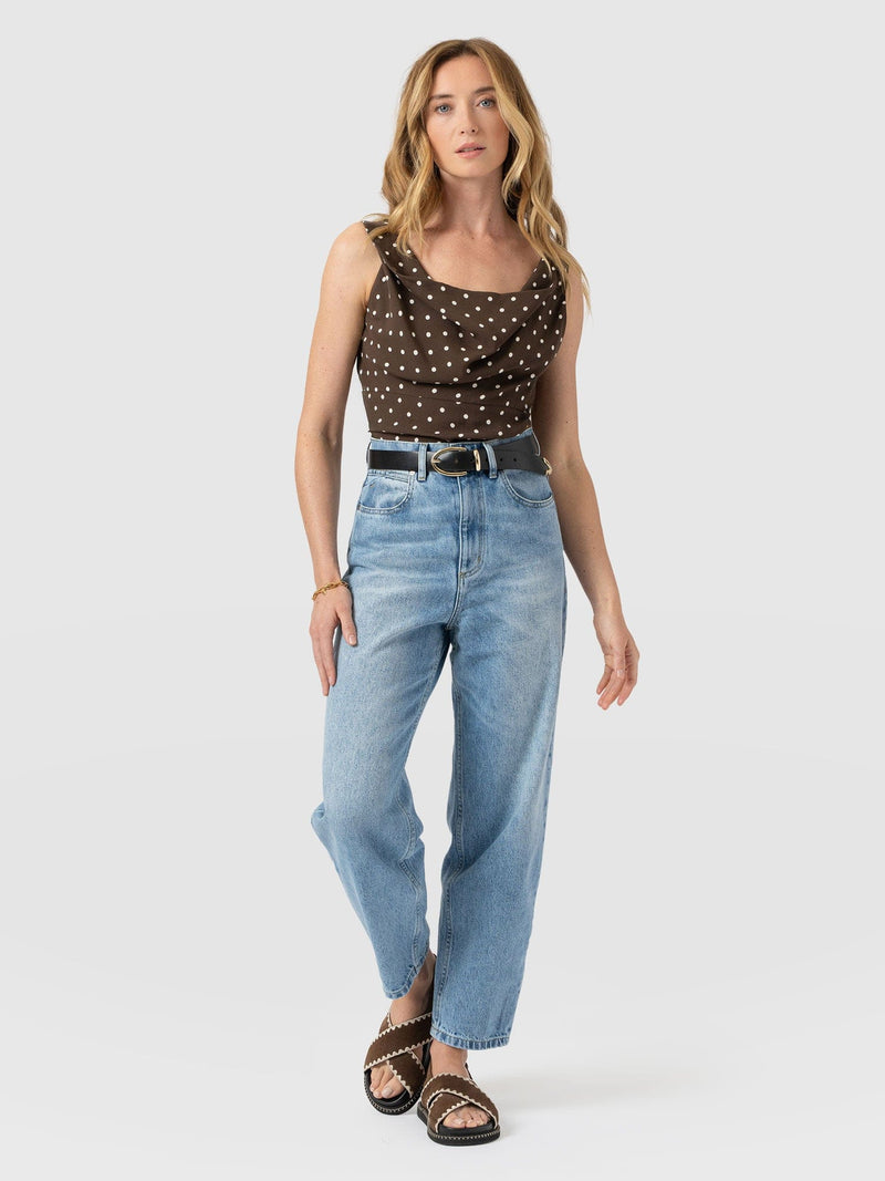 Raye Cowl Cami - Brown Polka Dot - Women's T-shirts | Saint + Sofia® USA