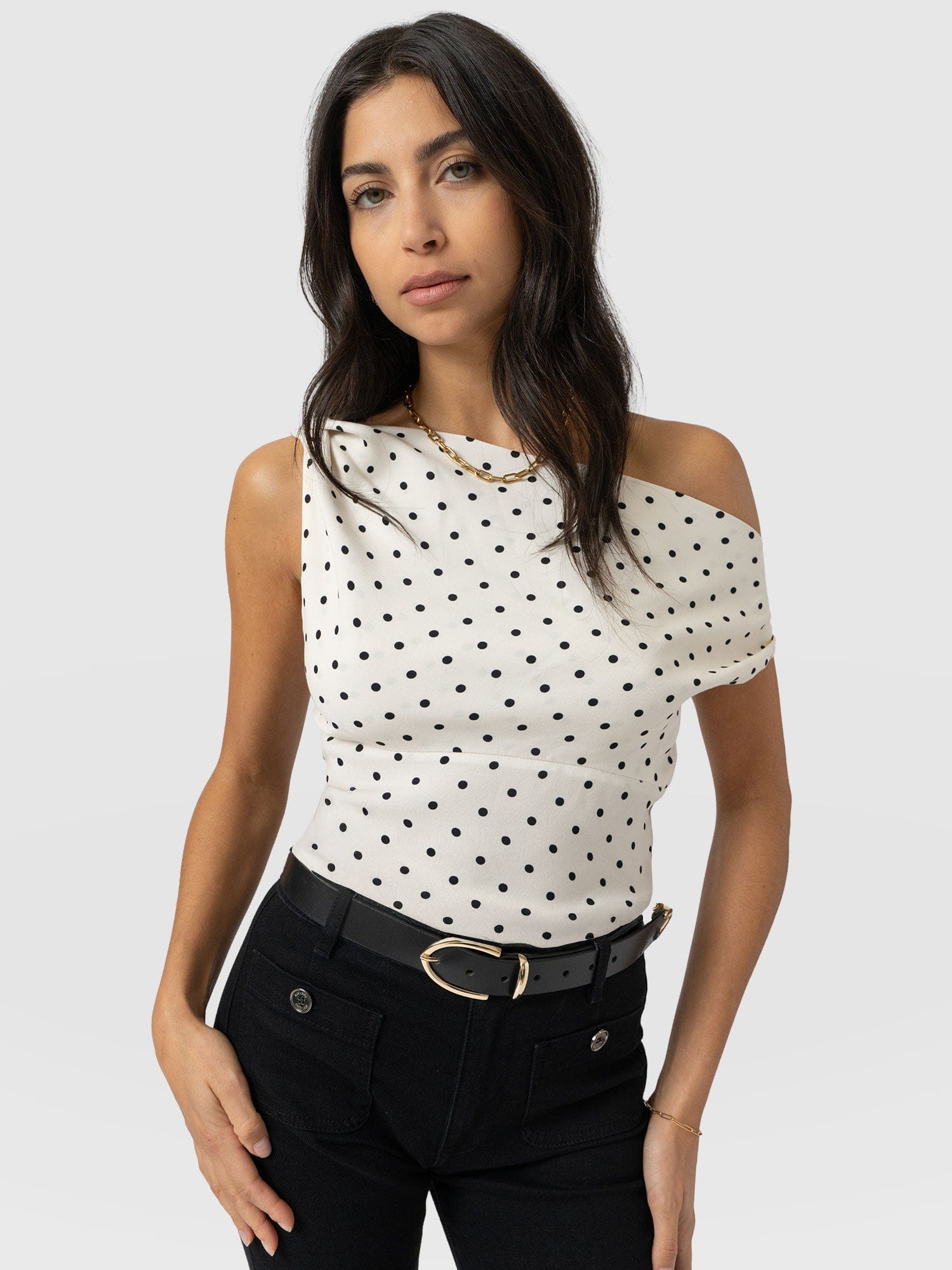 Raye Cowl Cami - Cream Polka Dot - Women's T-shirts | Saint + Sofia® USA