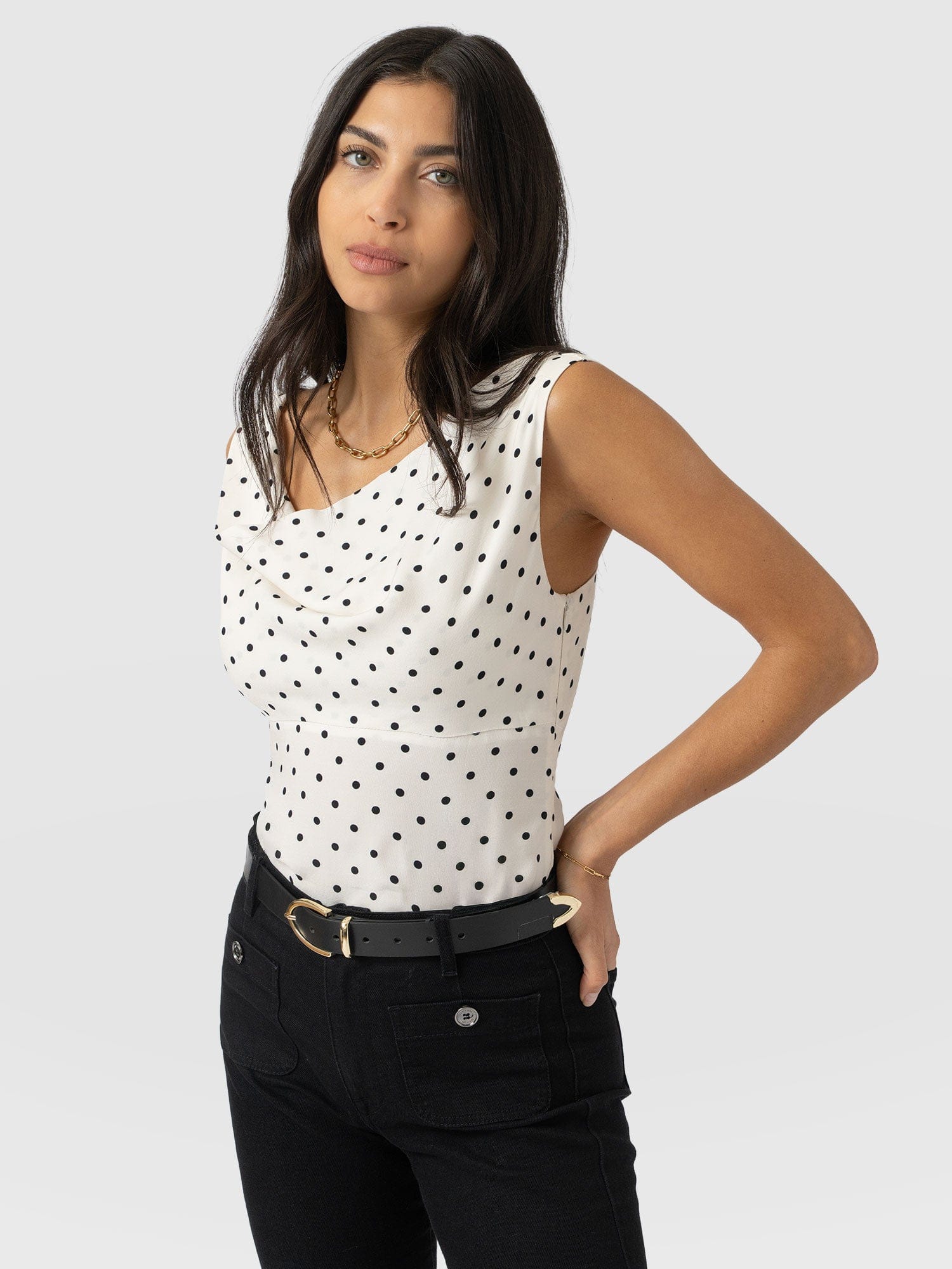 Raye Cowl Cami - Cream Polka Dot - Women's T-shirts | Saint + Sofia® USA