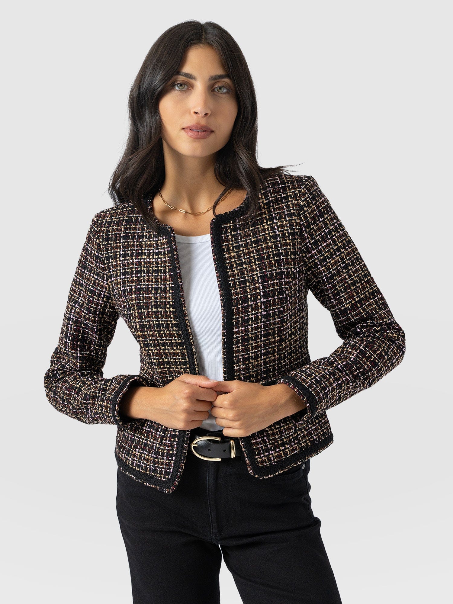 Rayner Jacket - Black/Burgundy/Gold Boucle - Women's Jackets | Saint + Sofia® USA