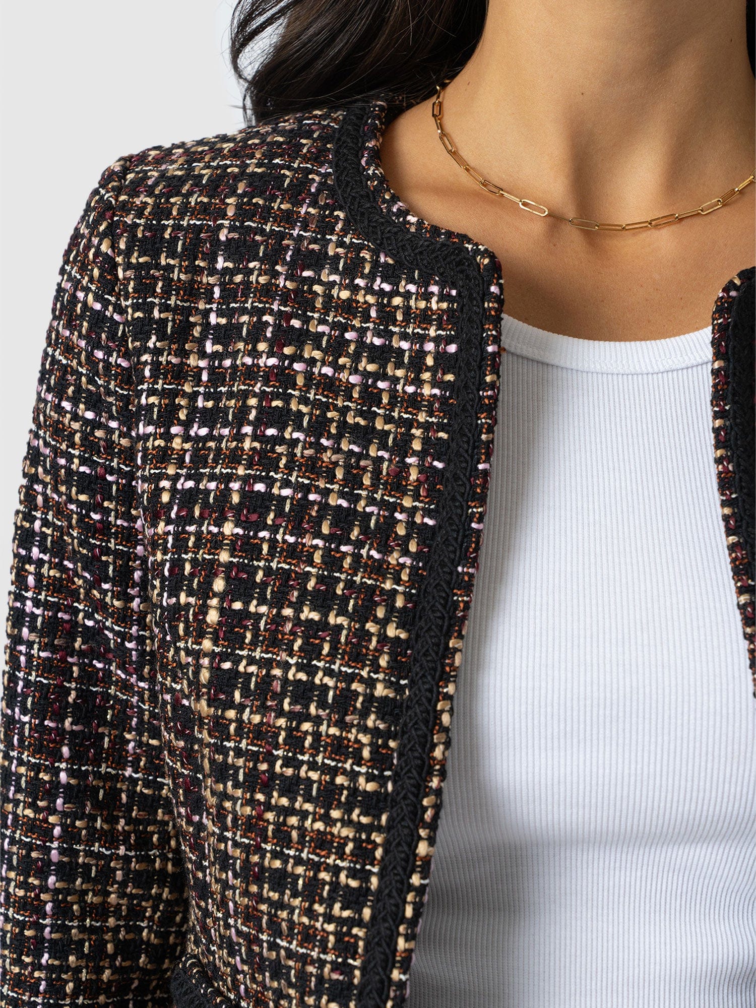 Rayner Jacket - Black/Burgundy/Gold Boucle - Women's Jackets | Saint + Sofia® USA