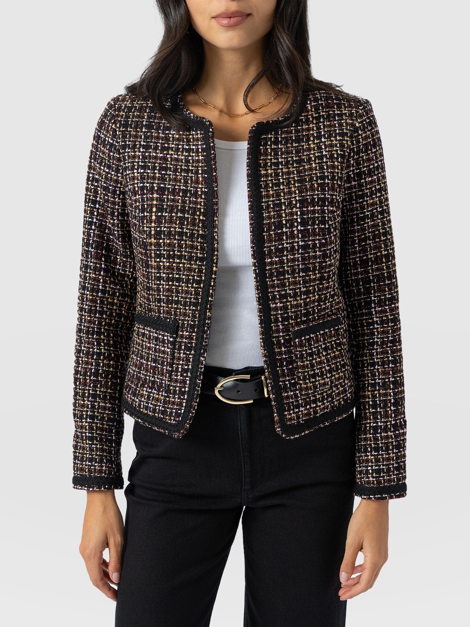 Rayner Jacket - Black/Burgundy/Gold Boucle - Women's Jackets | Saint + Sofia® USA