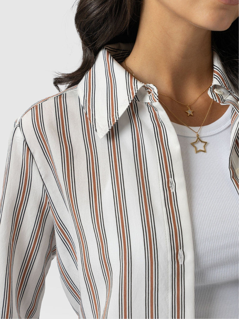 Reagan Tie Shirt - Beige Stripe - Women's Shirts | Saint + Sofia® US