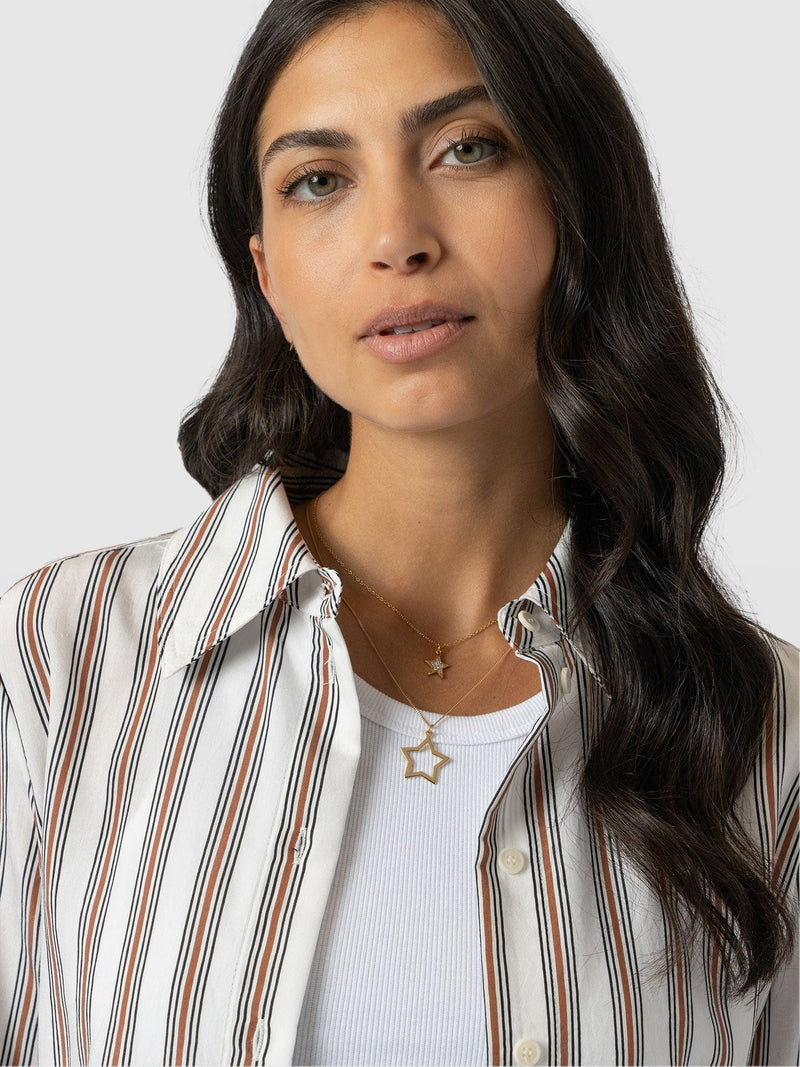 Reagan Tie Shirt - Beige Stripe - Women's Shirts | Saint + Sofia® US