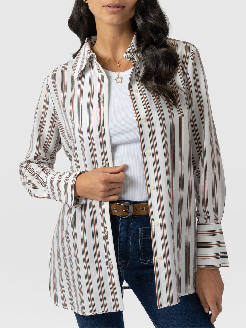 Reagan Tie Shirt - Beige Stripe - Women's Shirts | Saint + Sofia® US