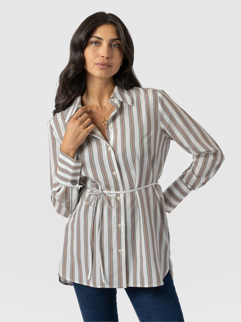 Reagan Tie Shirt - Beige Stripe - Women's Shirts | Saint + Sofia® US