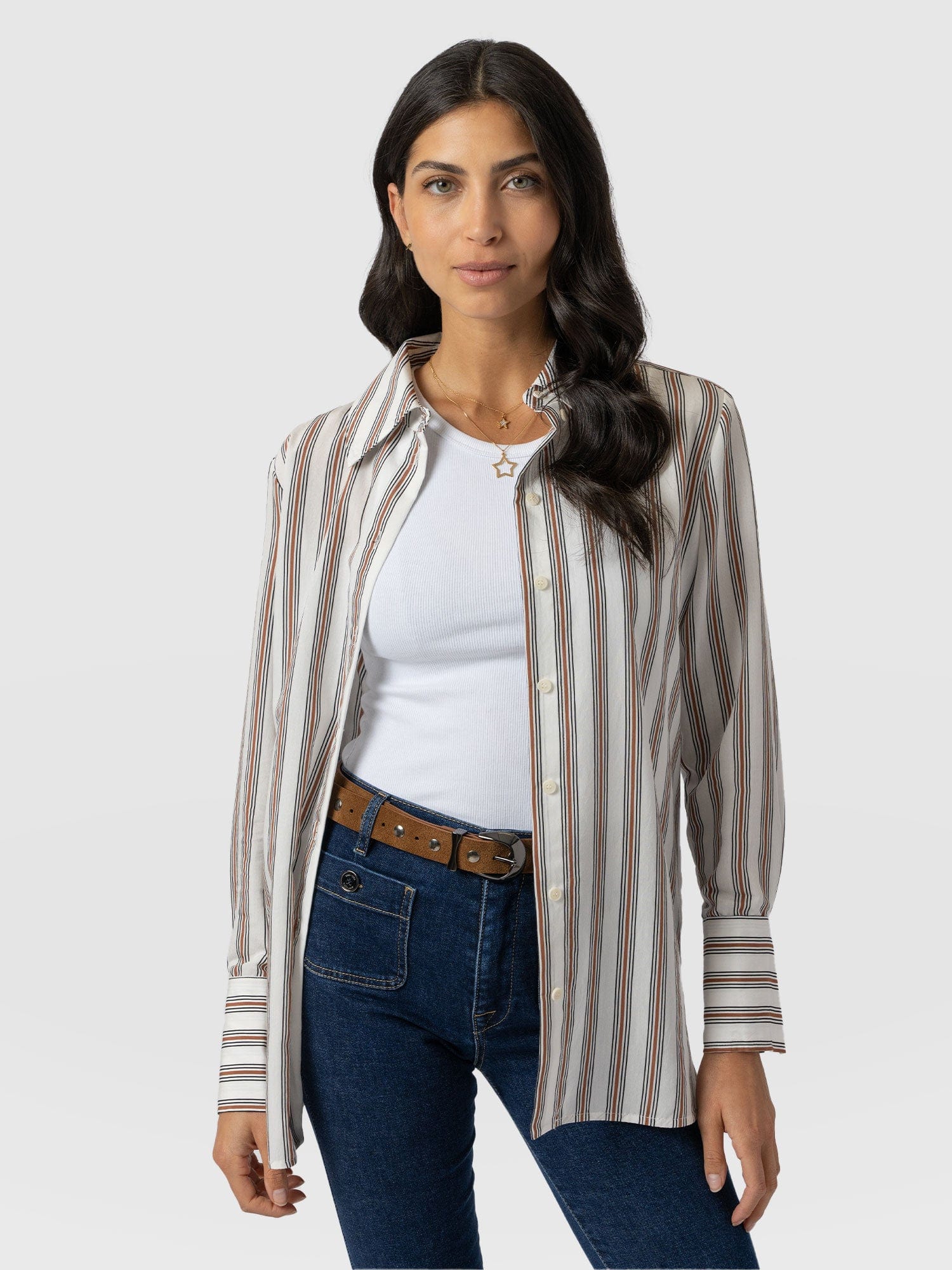 Reagan Tie Shirt - Beige Stripe - Women's Shirts | Saint + Sofia® US