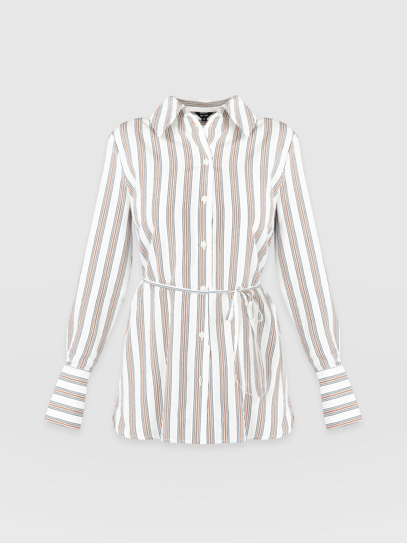 Reagan Tie Shirt - Beige Stripe - Women's Shirts | Saint + Sofia® US