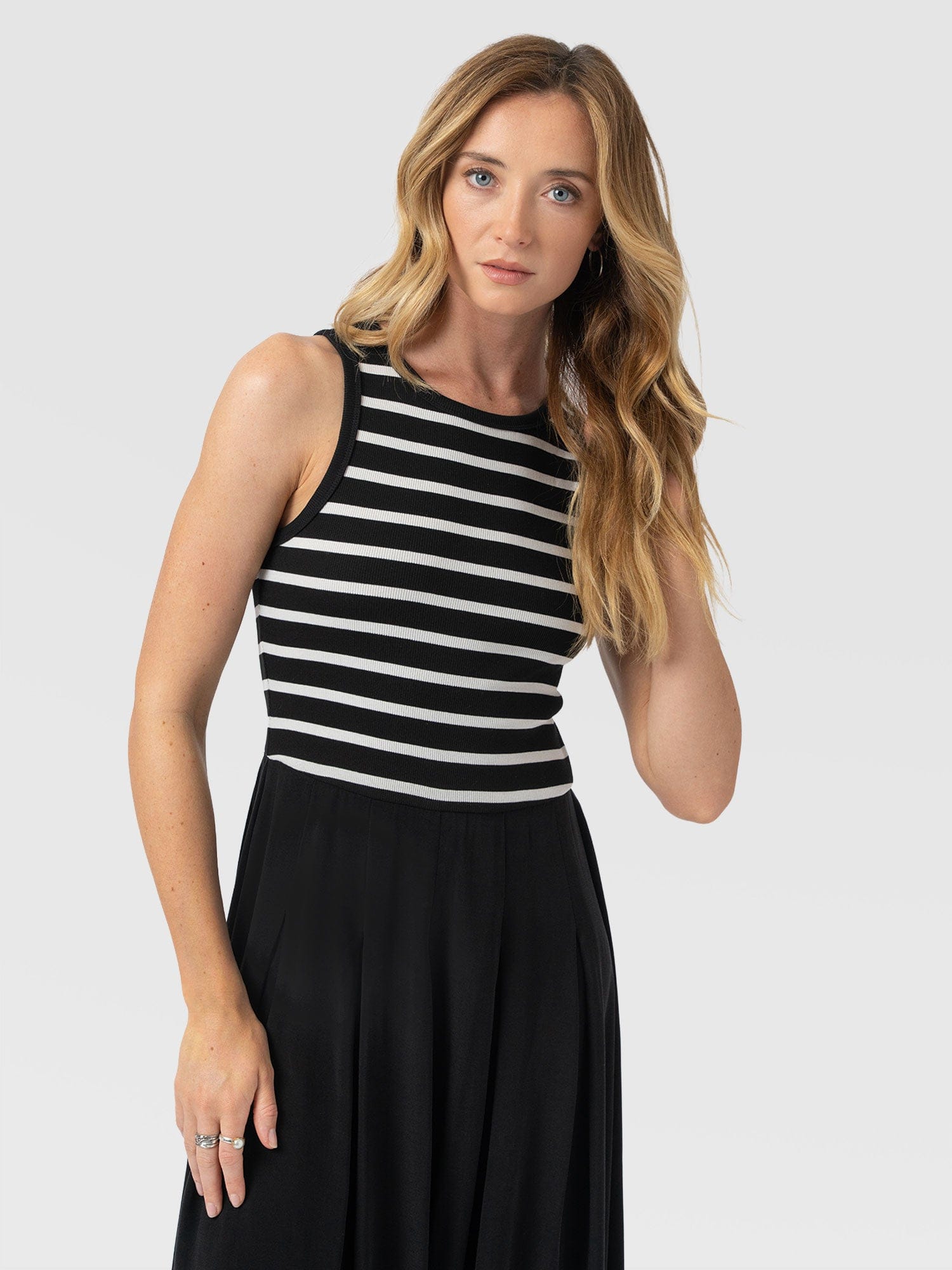 Renee Contrast Dress - Black & White Stripe - Women's Dresses | Saint and Sofia® USA