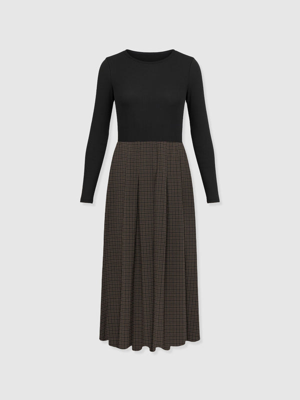 Renee Contrast Long Sleeve Dress - Brown Check - Women's Dresses | Saint + Sofia® USA