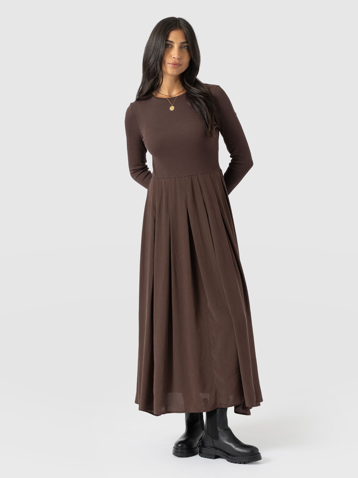 Renee Contrast Long Sleeve Dress - Brown - Women's Dresses | Saint + Sofia® USA