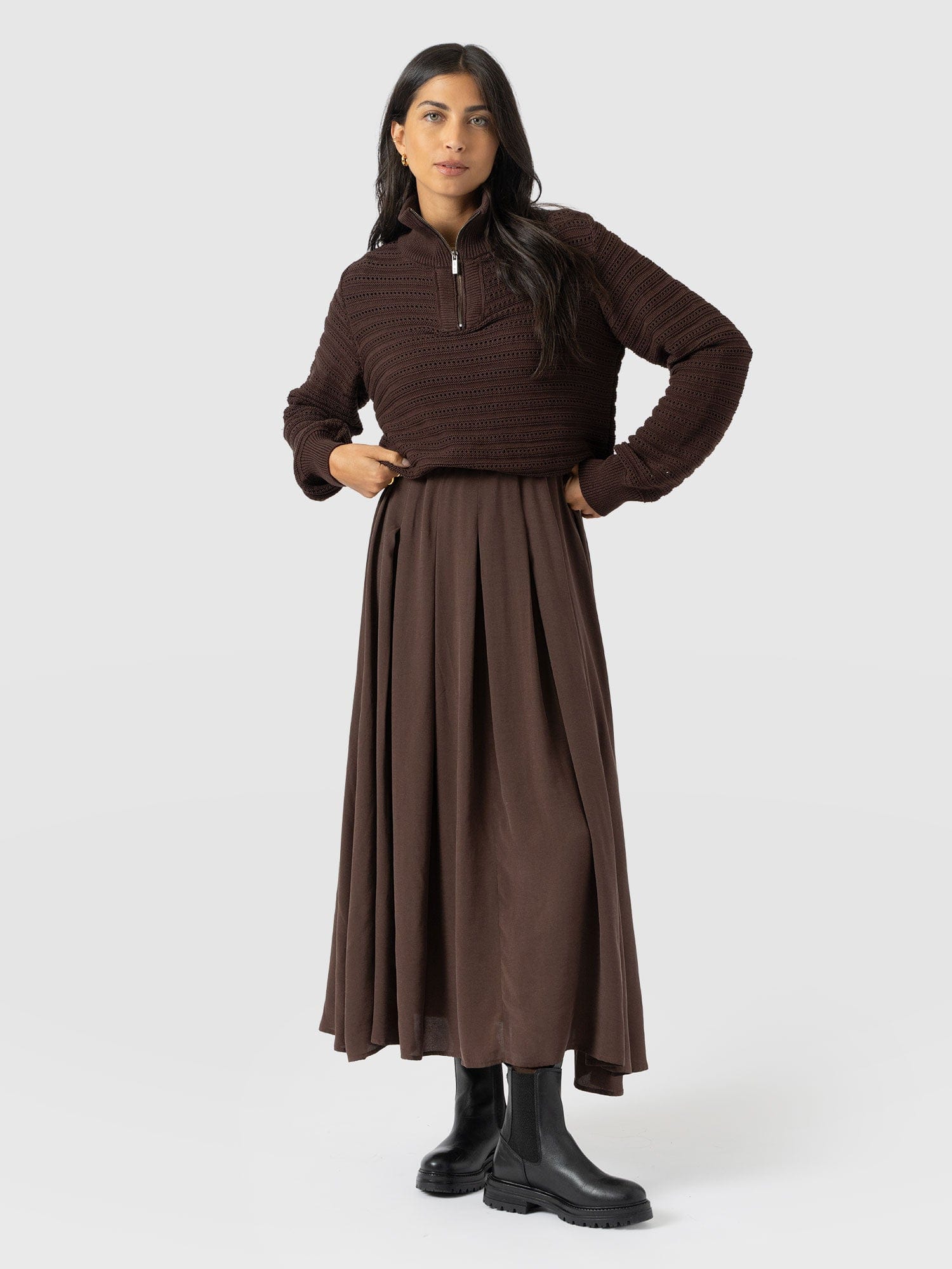 Renee Contrast Long Sleeve Dress - Brown - Women's Dresses | Saint + Sofia® USA