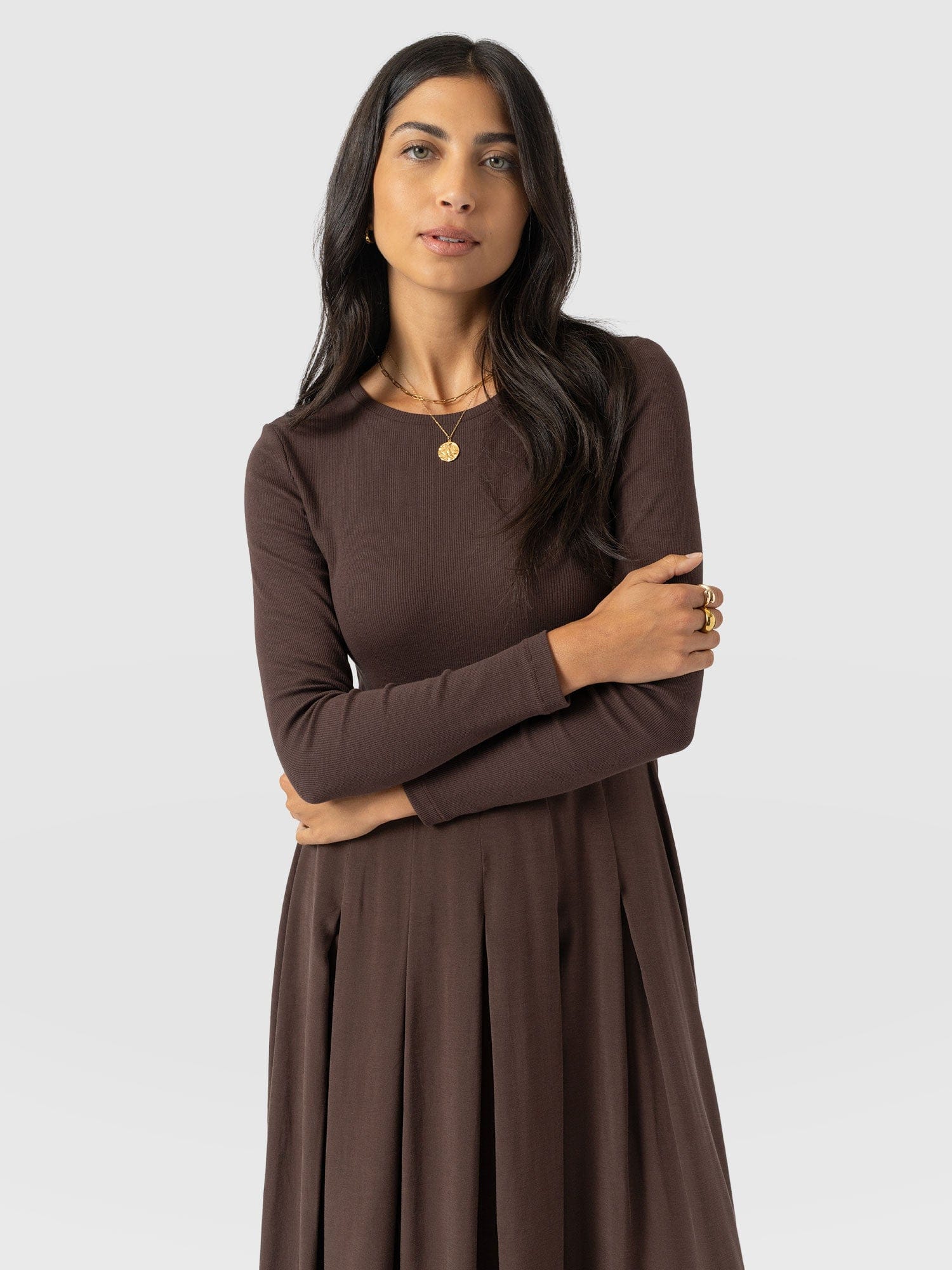 Renee Contrast Long Sleeve Dress - Brown - Women's Dresses | Saint + Sofia® USA