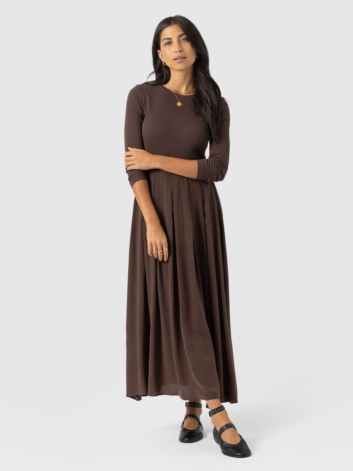 Renee Contrast Long Sleeve Dress - Brown - Women's Dresses | Saint + Sofia® USA
