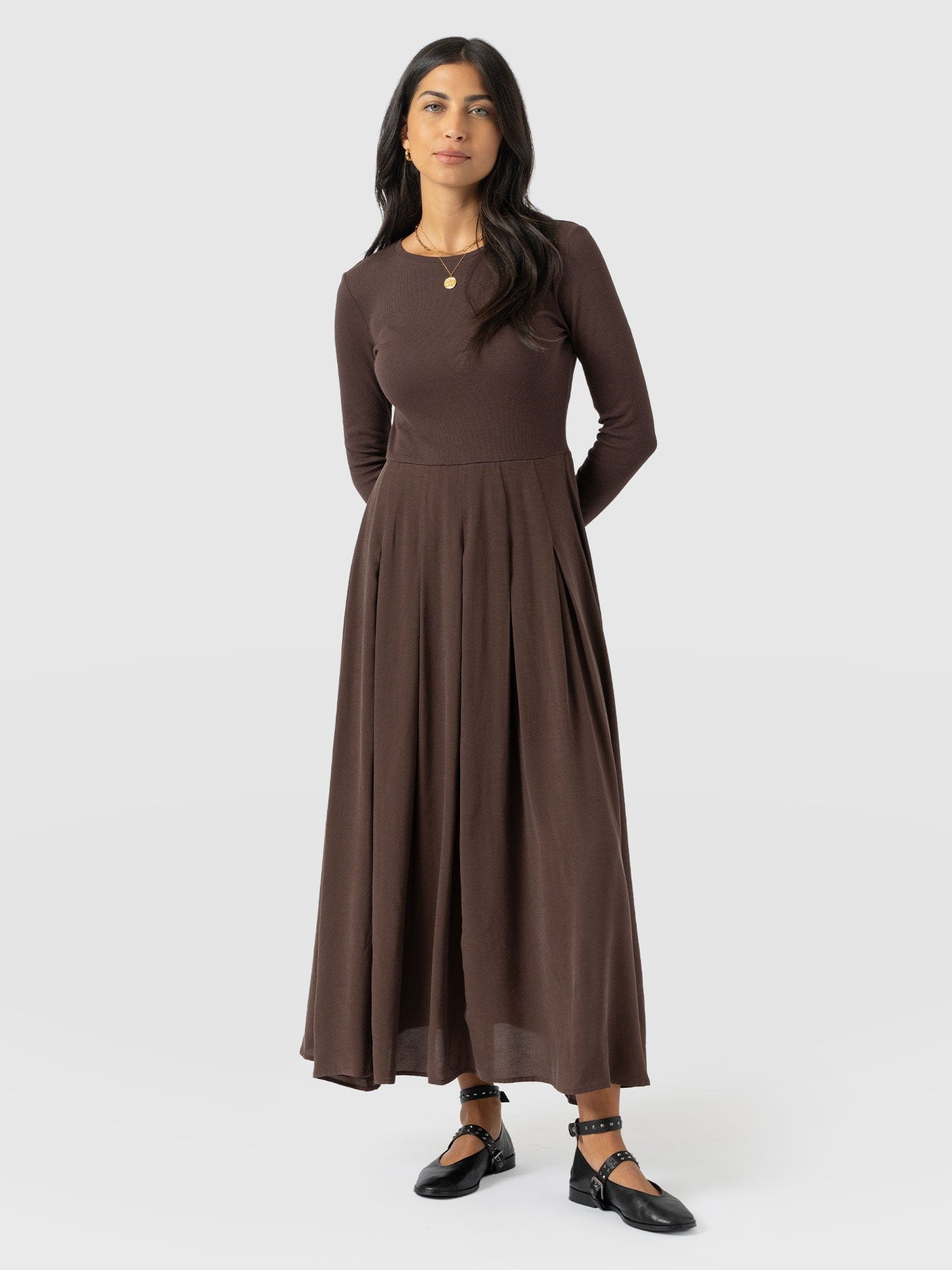 Renee Contrast Long Sleeve Dress - Brown - Women's Dresses | Saint + Sofia® USA