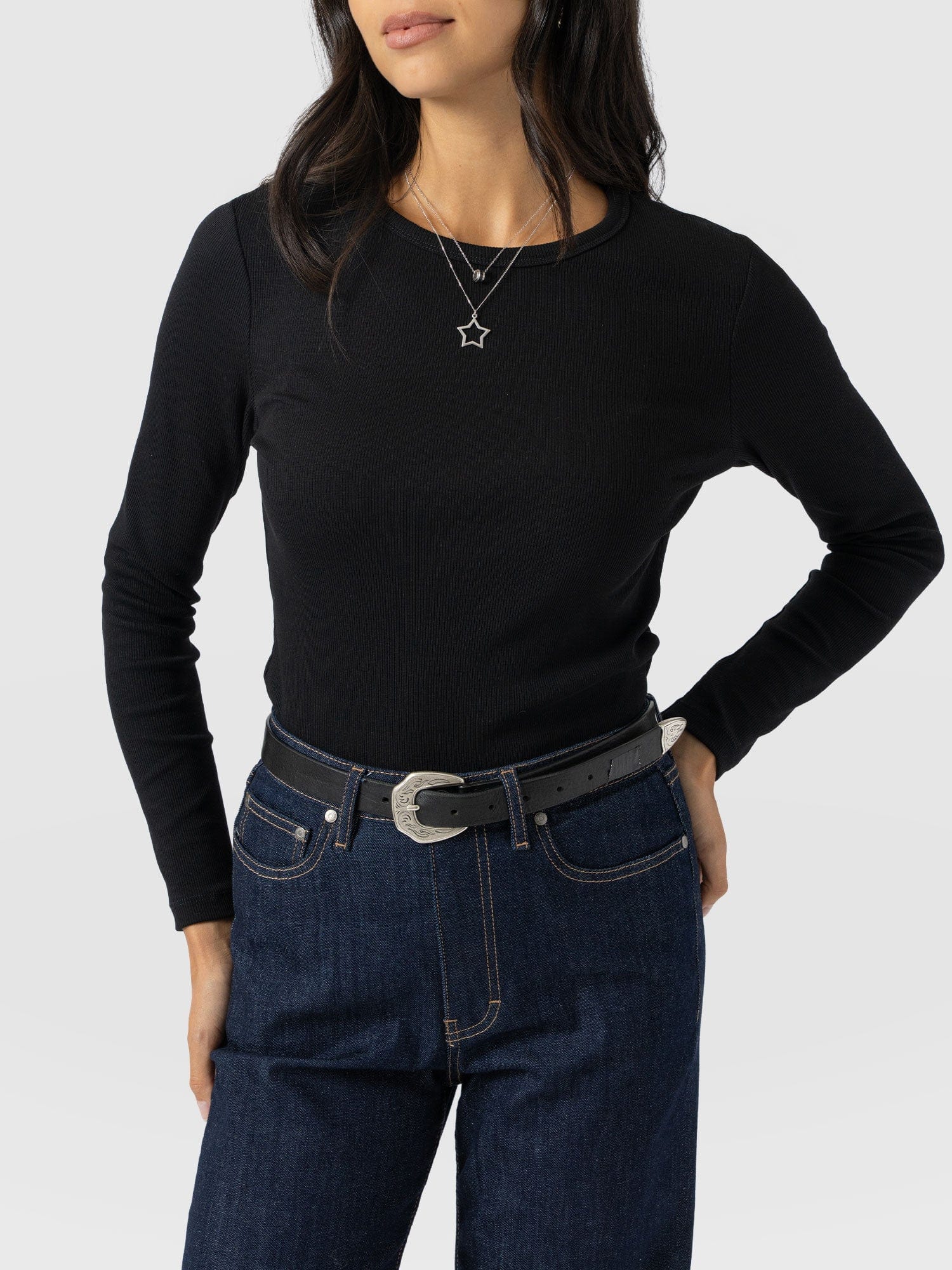 Ribbed Long Sleeve Tee - Black - Women's T-shirts | Saint + Sofia® USA