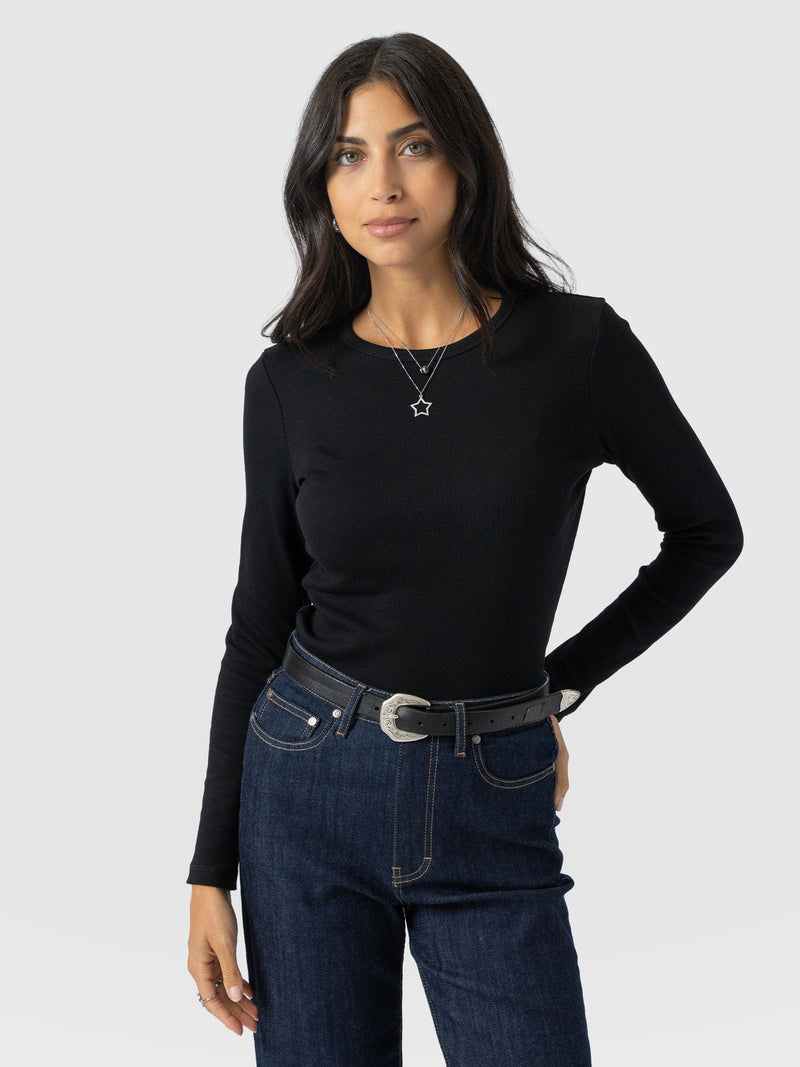Ribbed Long Sleeve Tee - Black - Women's T-shirts | Saint + Sofia® USA