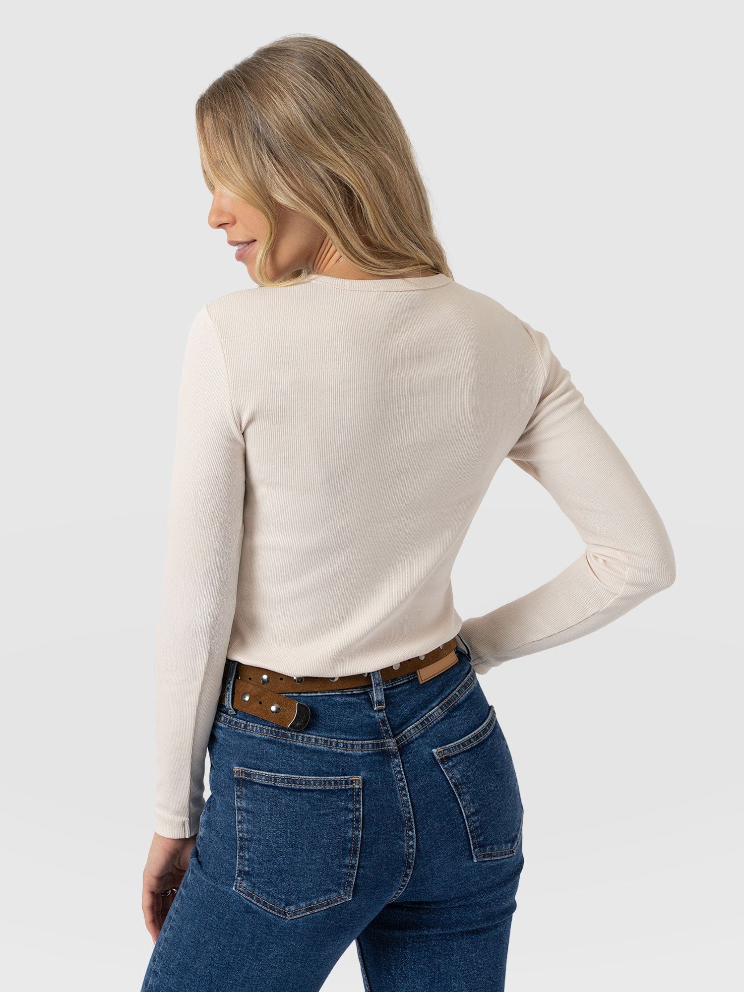 Ribbed Long Sleeve Tee - Cream - Women's T-shirts | Saint + Sofia® USA