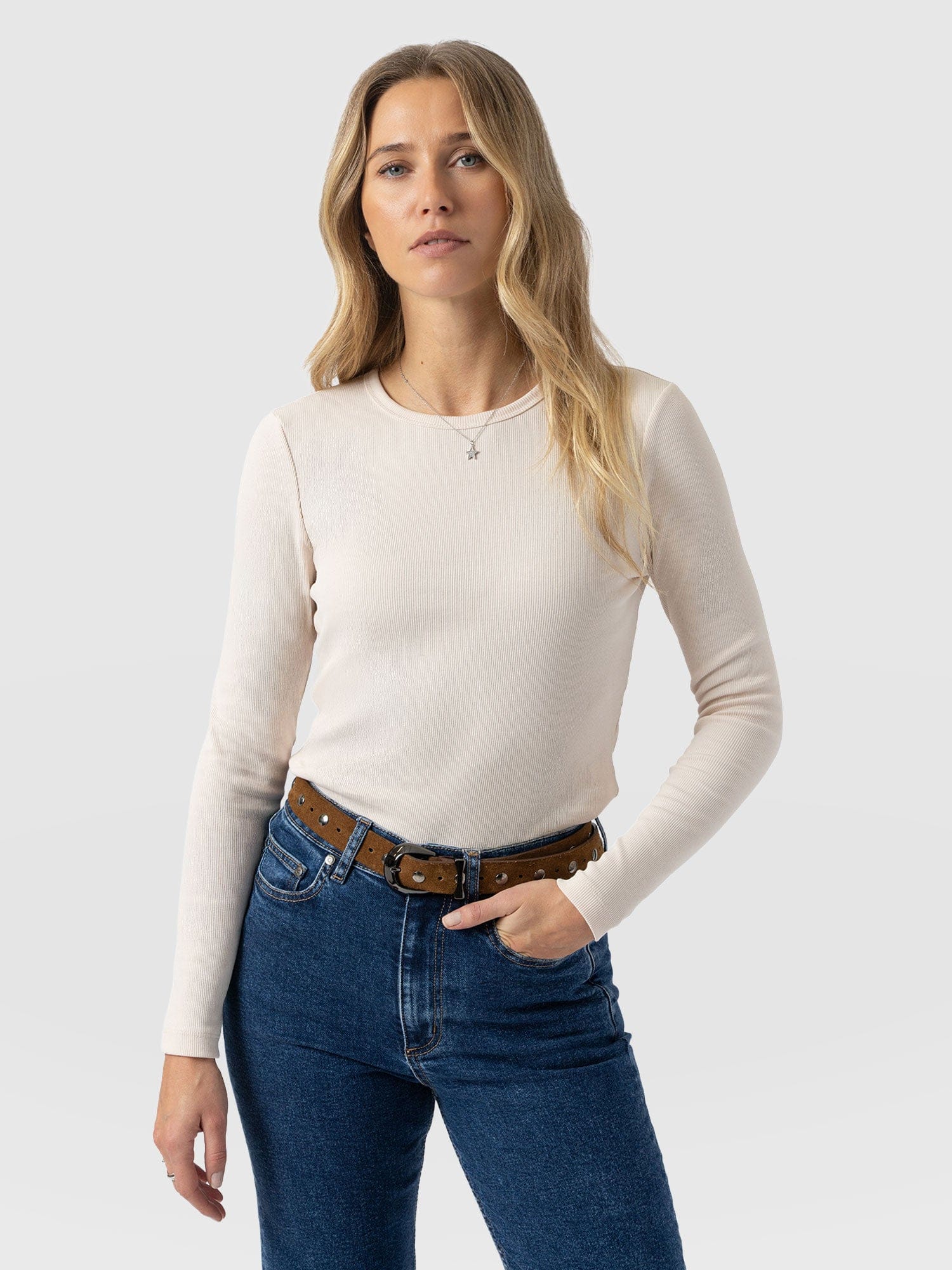 Ribbed Long Sleeve Tee - Cream - Women's T-shirts | Saint + Sofia® USA