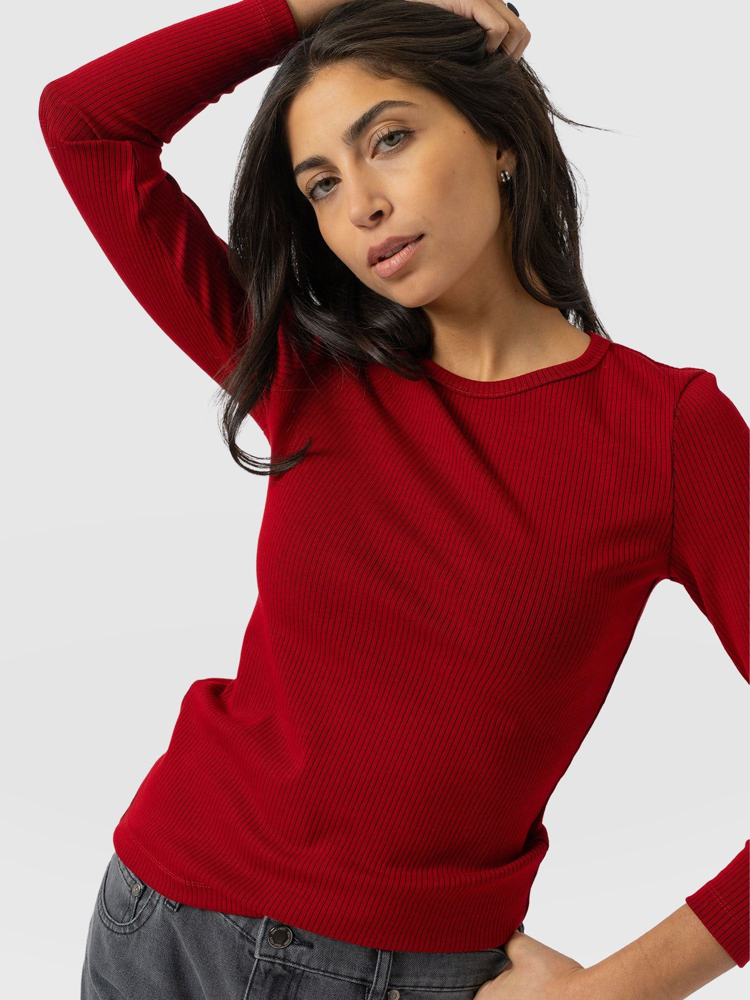 Ribbed Long Sleeve Tee - Deep Red - Women's T-shirts | Saint + Sofia® USA