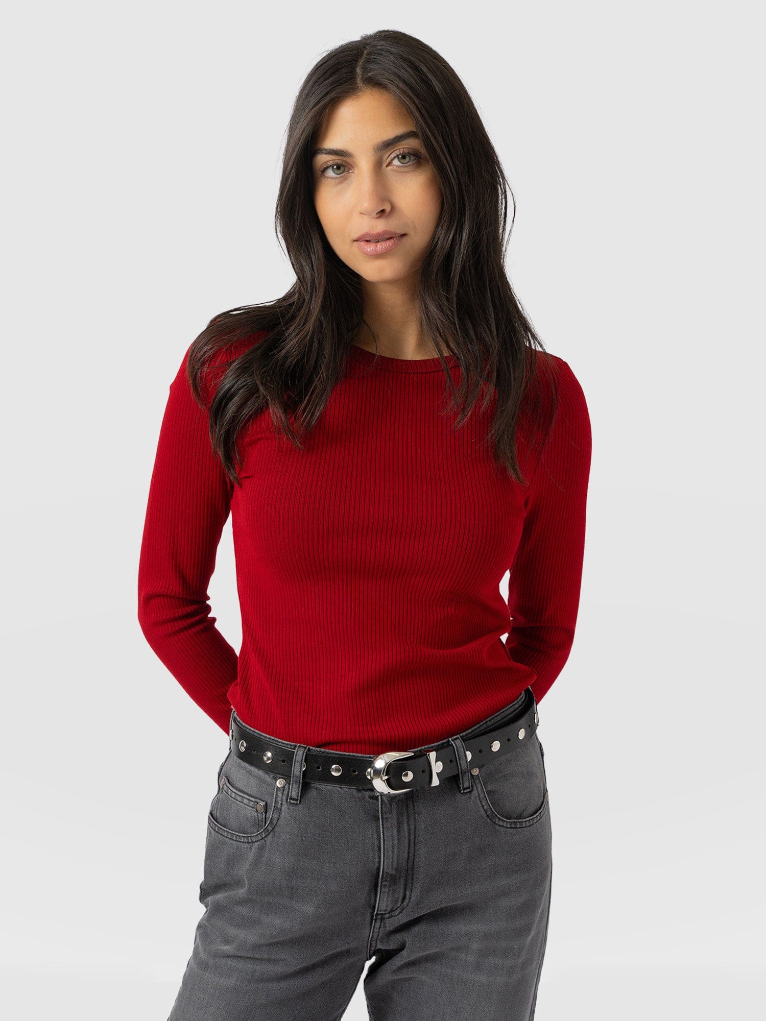 Ribbed Long Sleeve Tee - Deep Red - Women's T-shirts | Saint + Sofia® USA
