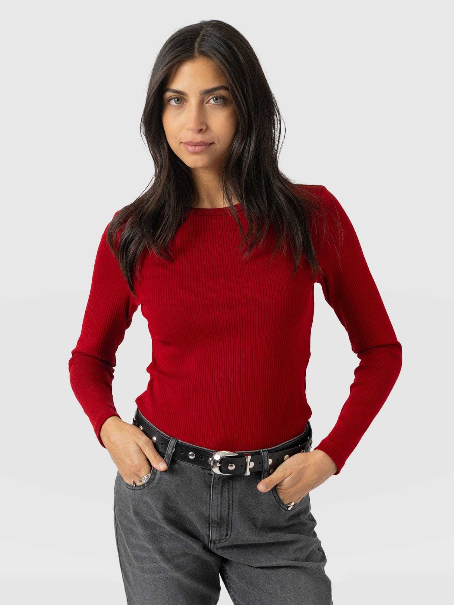 Ribbed Long Sleeve Tee - Deep Red - Women's T-shirts | Saint + Sofia® USA