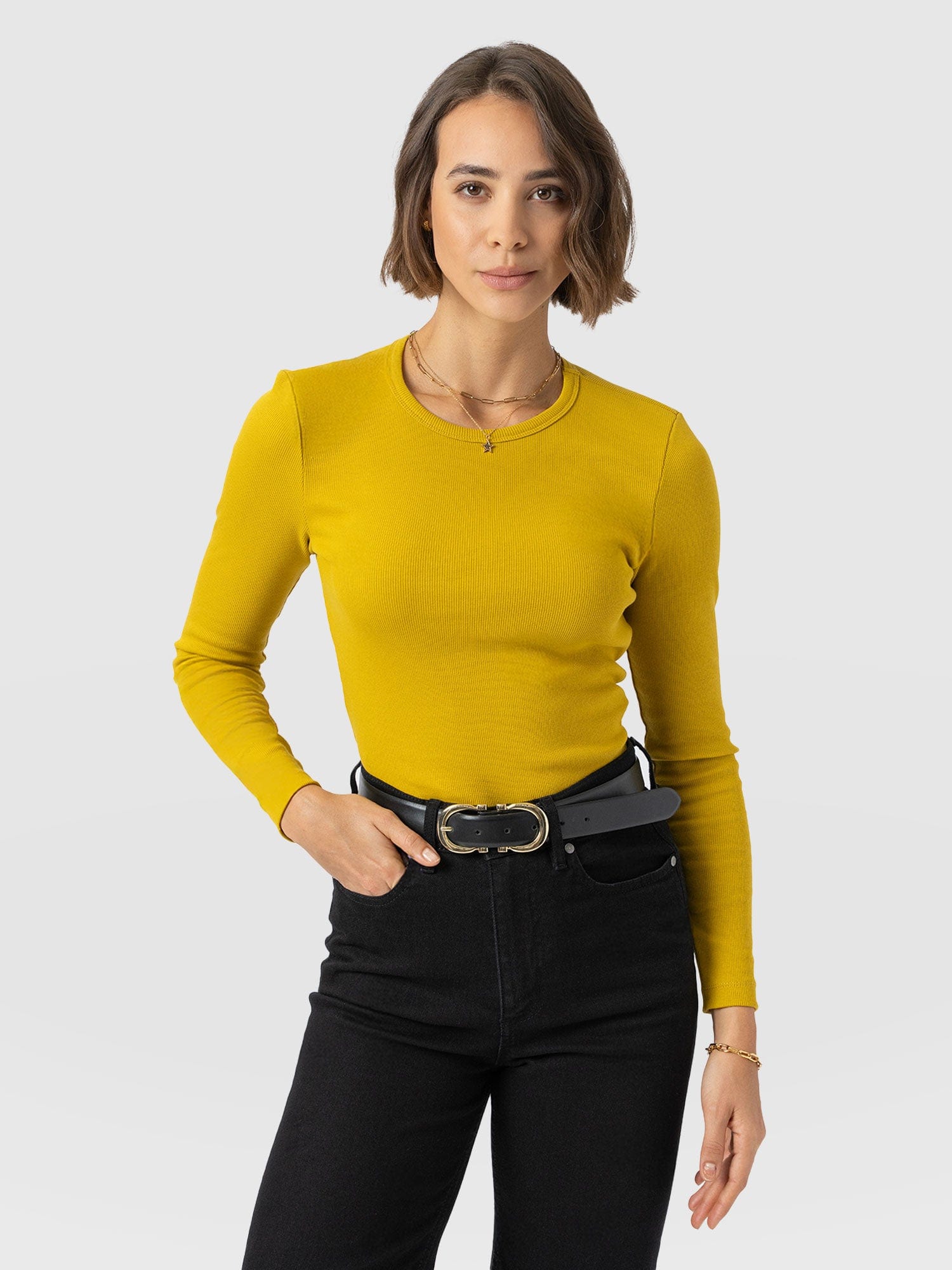 Ribbed Long Sleeve Tee - Mustard - Women's T-shirts | Saint + Sofia® USA