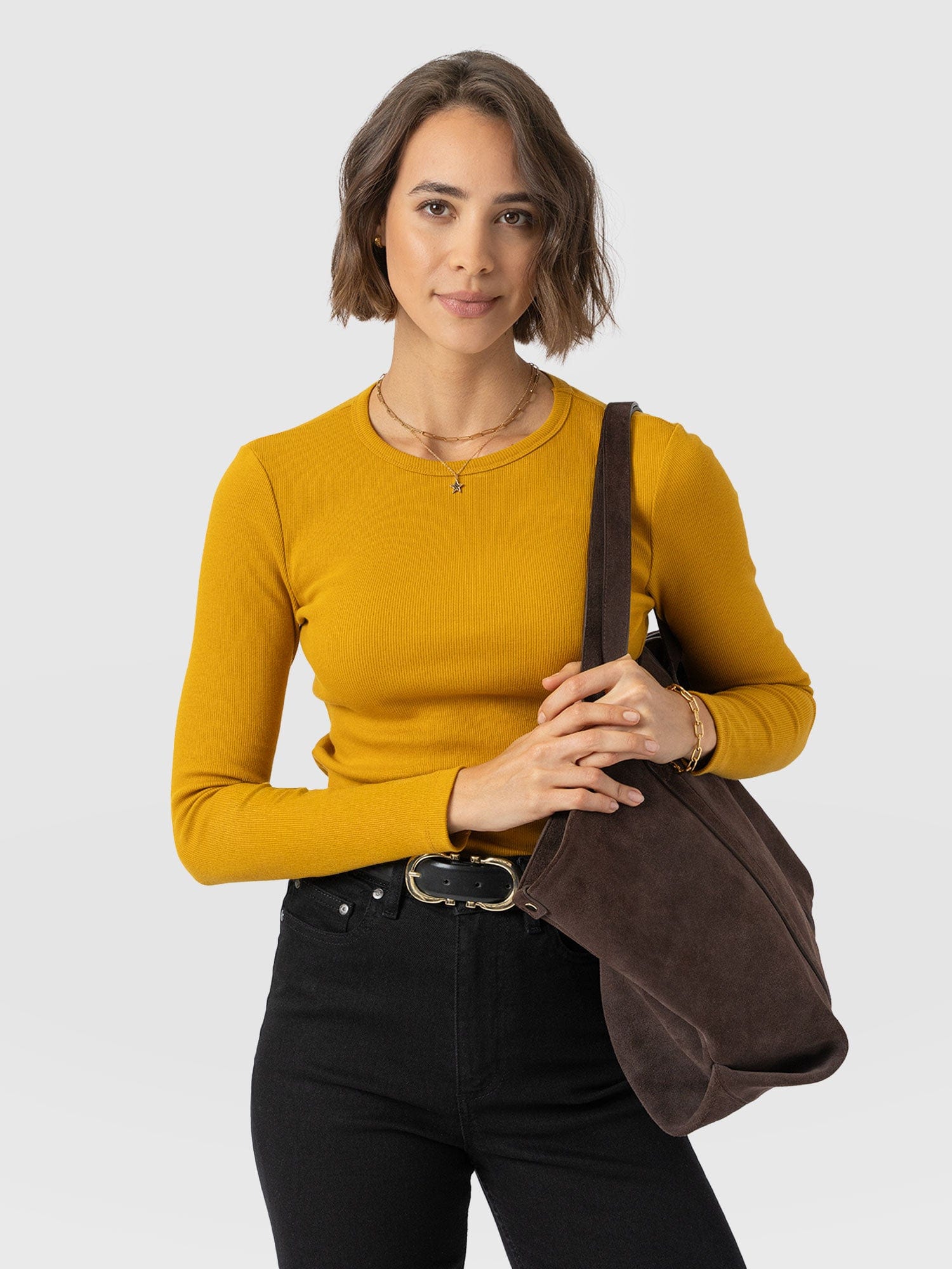 Ribbed Long Sleeve Tee - Ochre - Women's T-shirts | Saint + Sofia® USA