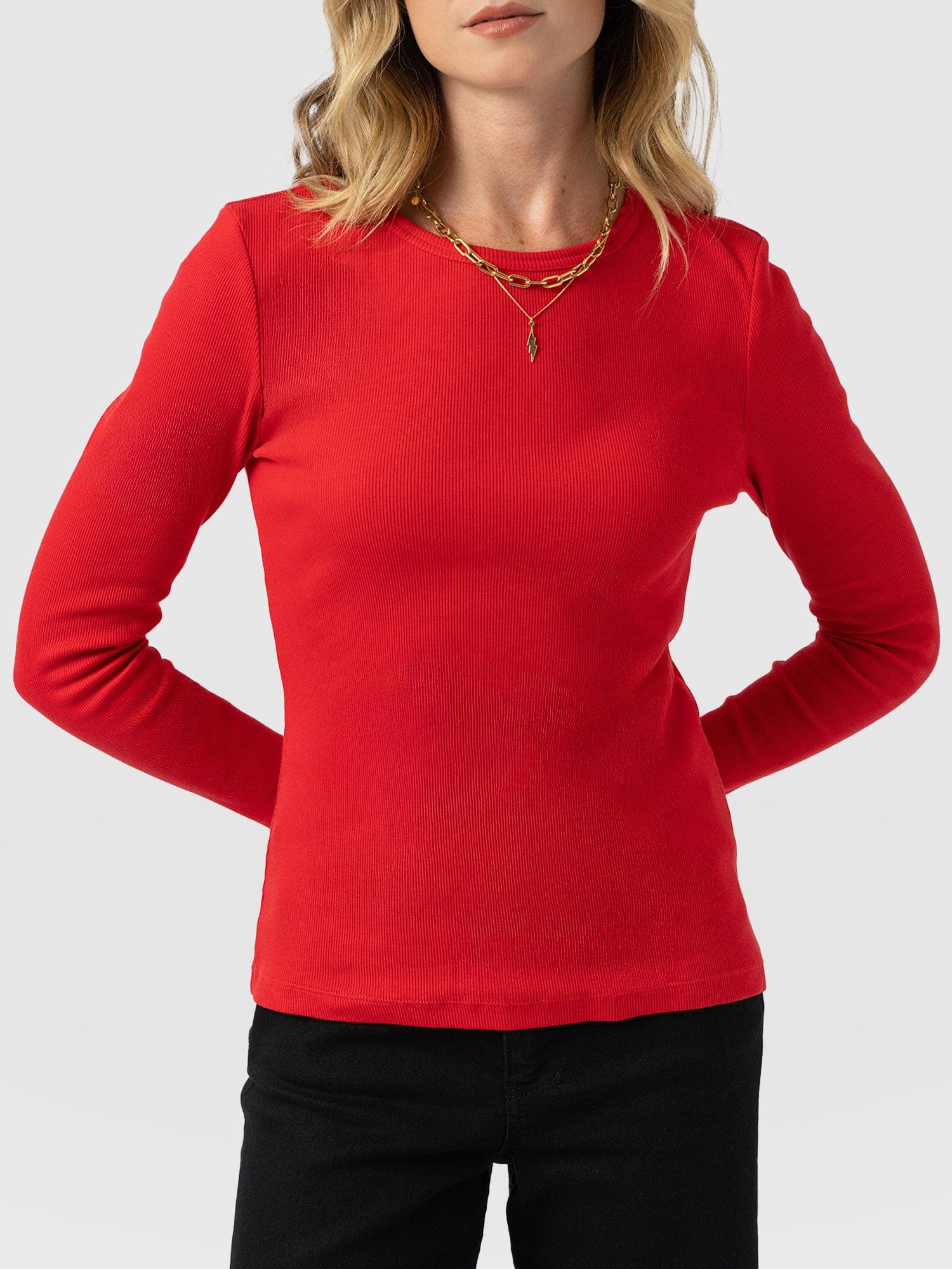 Ribbed Long Sleeve Tee - Red - Women's T-shirts | Saint and Sofia® USA