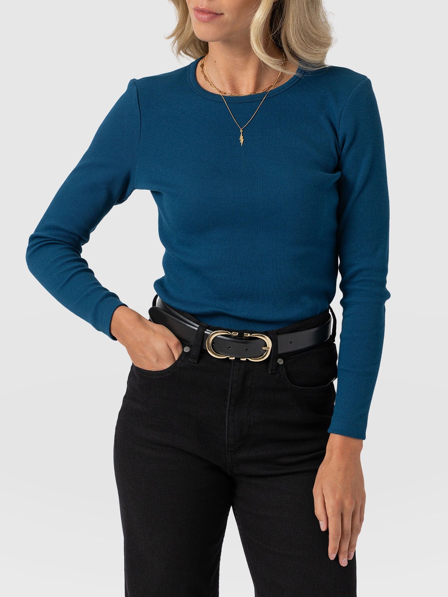 Ribbed Long Sleeve Tee - Teal - Women's T-shirts | Saint + Sofia® USA