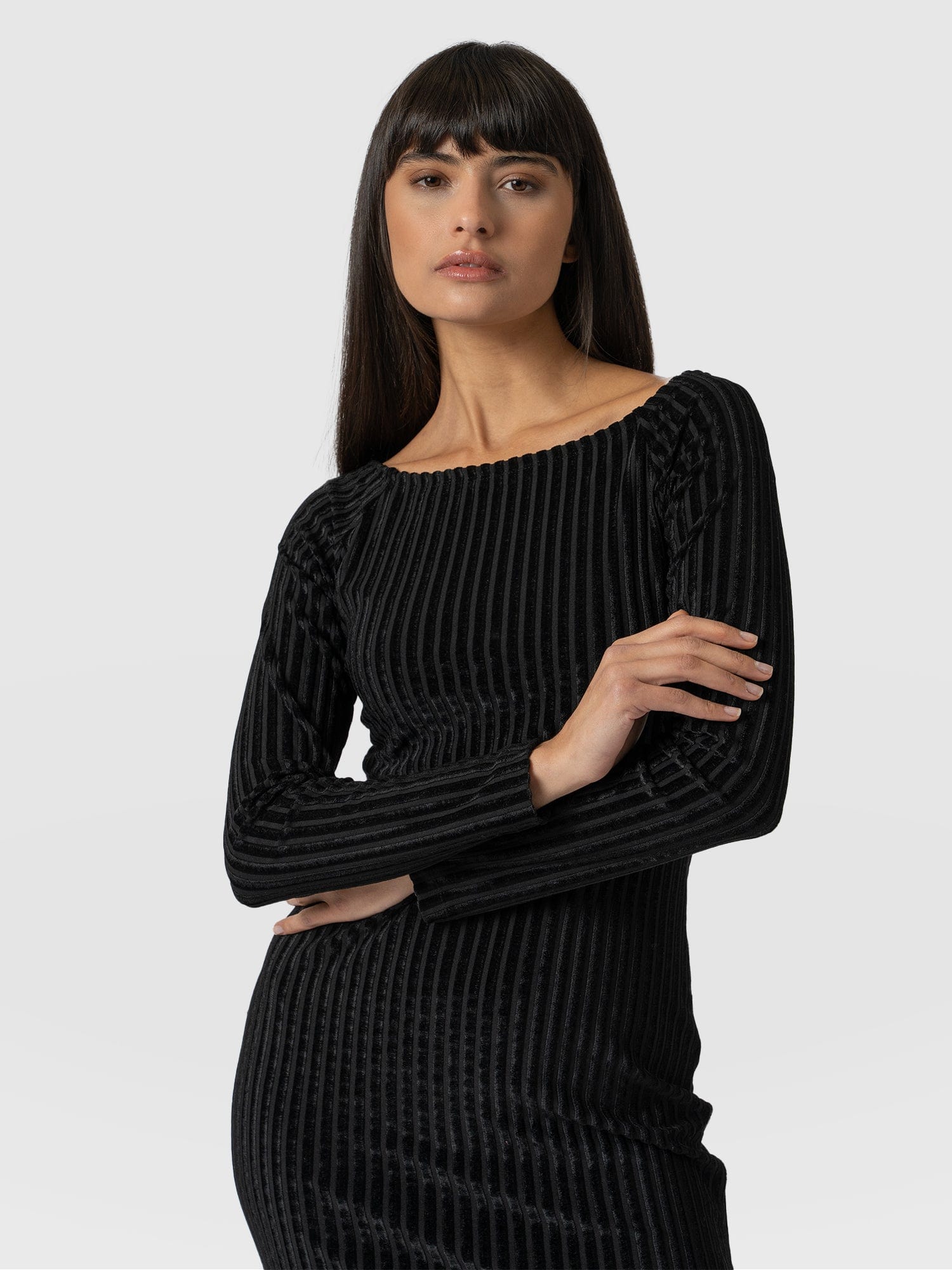 Riviera Long Sleeve Dress - Black Stripe Velvet