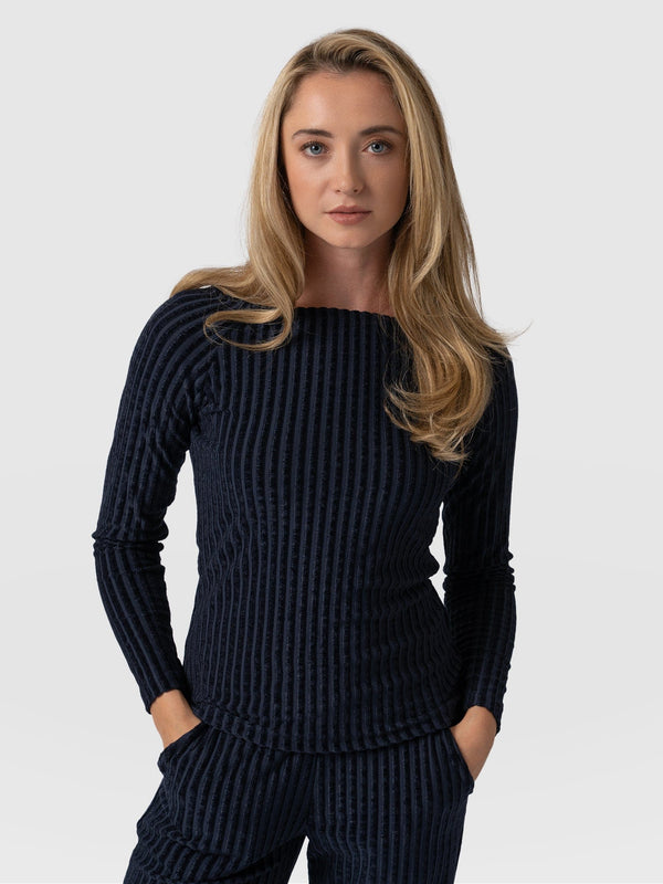 Riviera Tee Long Sleeve Navy Stripe Velvet - Women's T-Shirts | Saint + Sofia® USA
