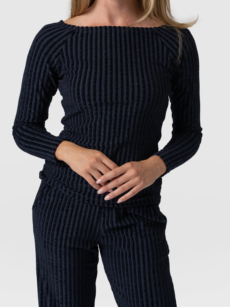 Riviera Tee Long Sleeve Navy Stripe Velvet - Women's T-Shirts | Saint + Sofia® USA