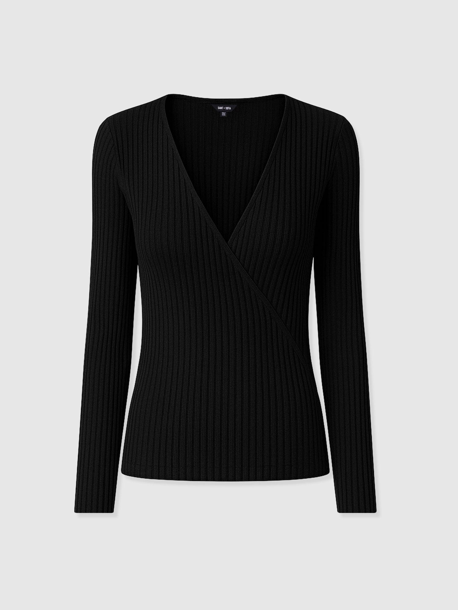 Rosa Wrap Tee Long Sleeve - Black Rib - Women's T-shirts | Saint + Sofia® USA