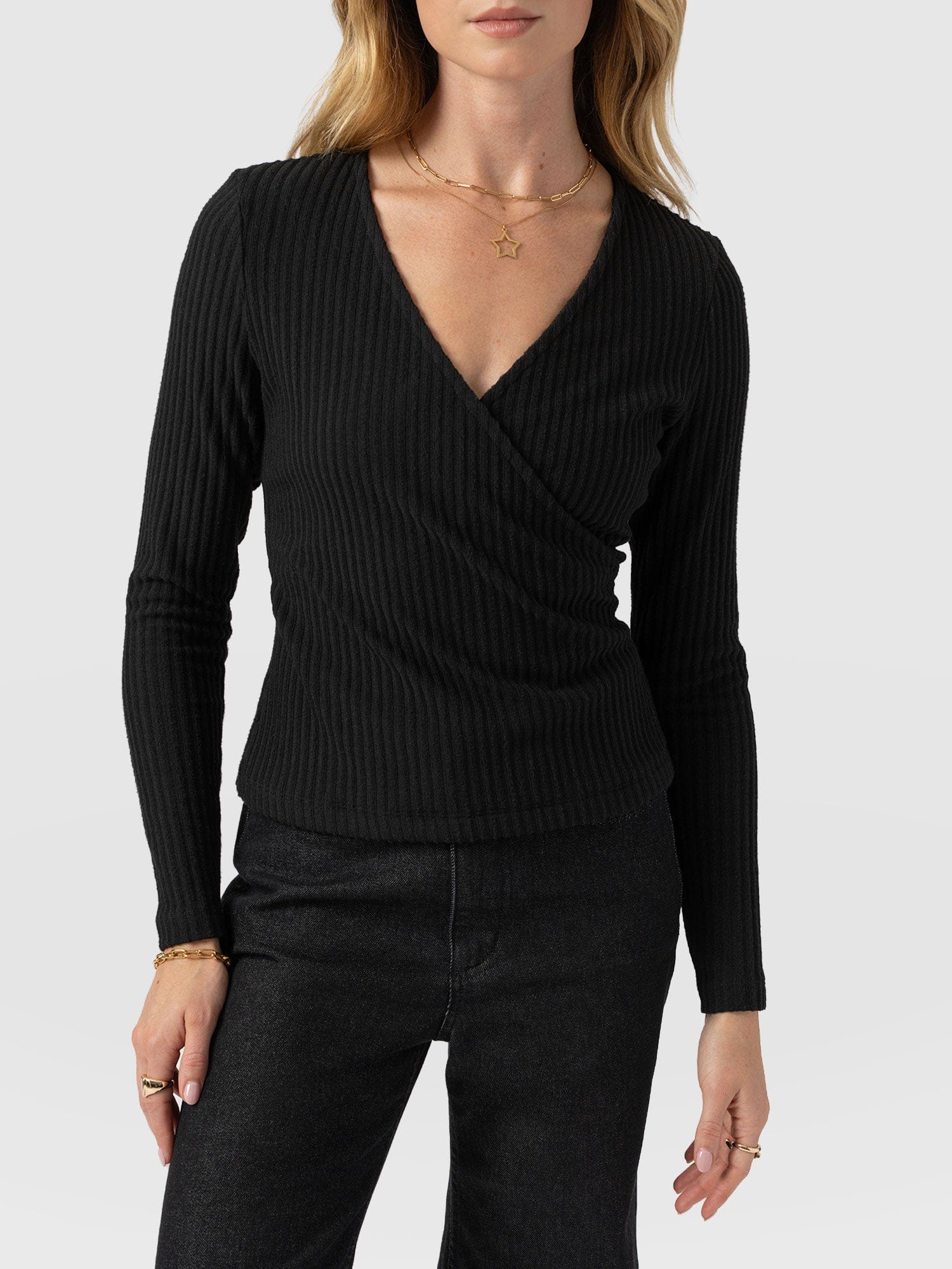 Rosa Wrap Tee Long Sleeve - Black Rib - Women's T-shirts | Saint + Sofia® USA