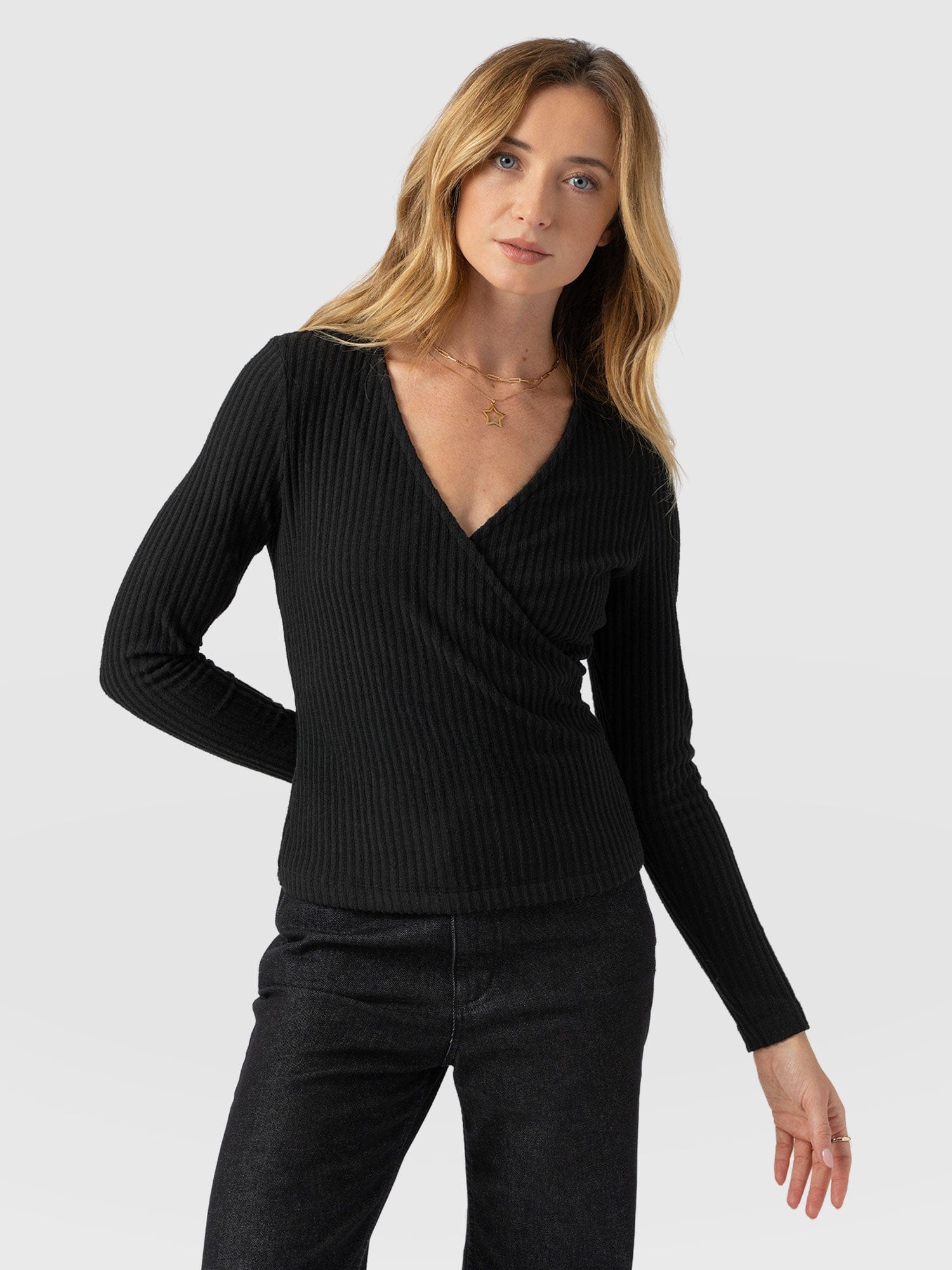 Rosa Wrap Tee Long Sleeve - Black Rib - Women's T-shirts | Saint