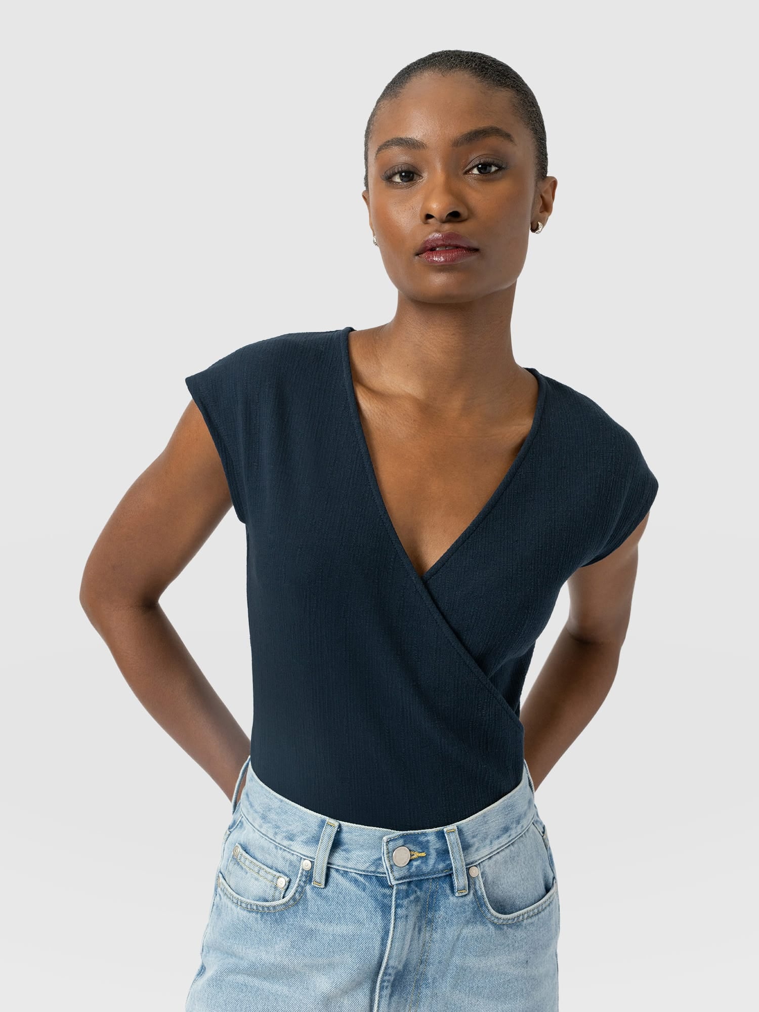 Rosa Wrap Top - Navy Textured - Women's T-shirts | Saint and Sofia® USA