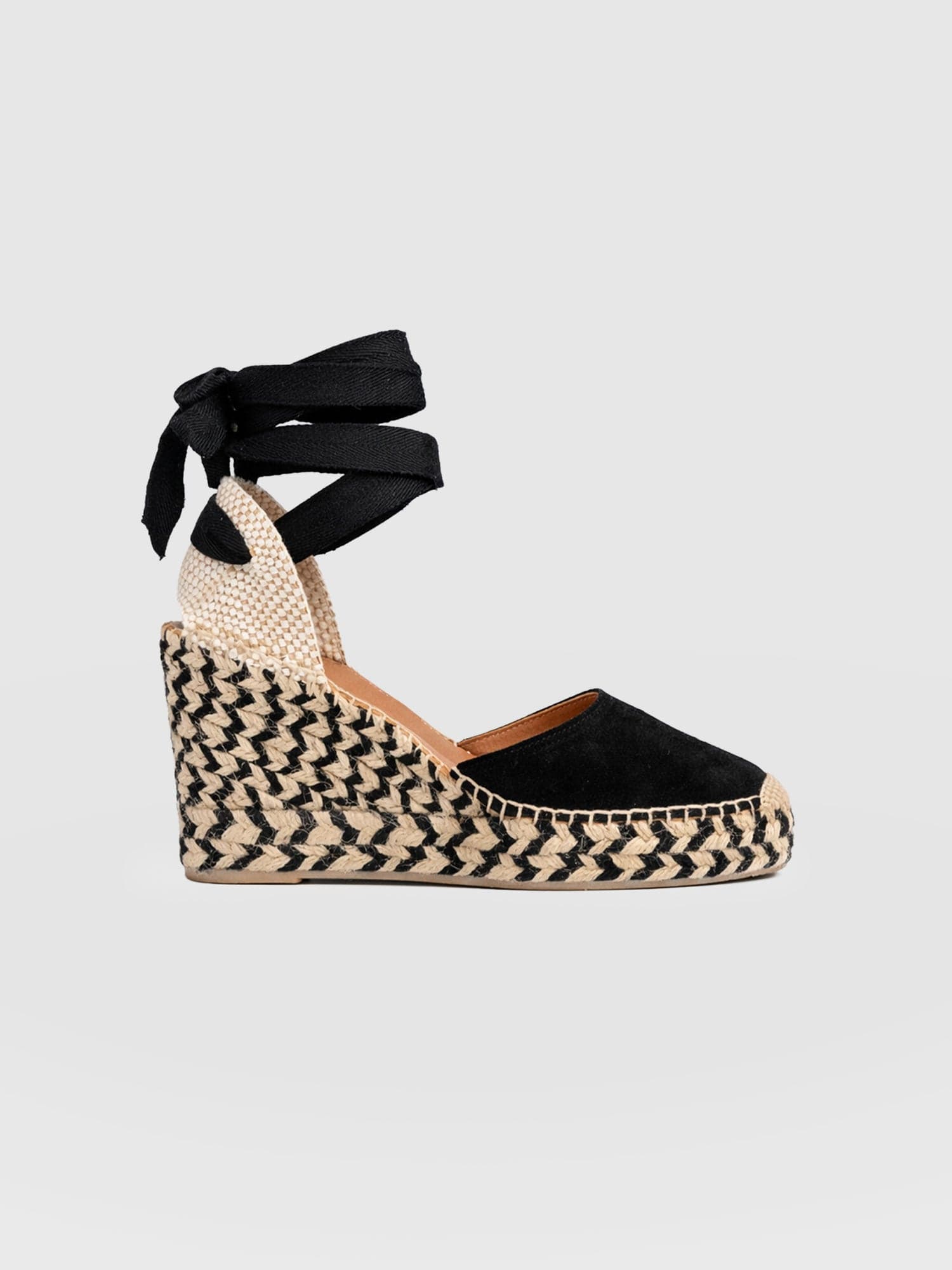 Rowe Espadrille Tie Wedges - Black Suede - Women's Shoes | Saint + Sofia® USA