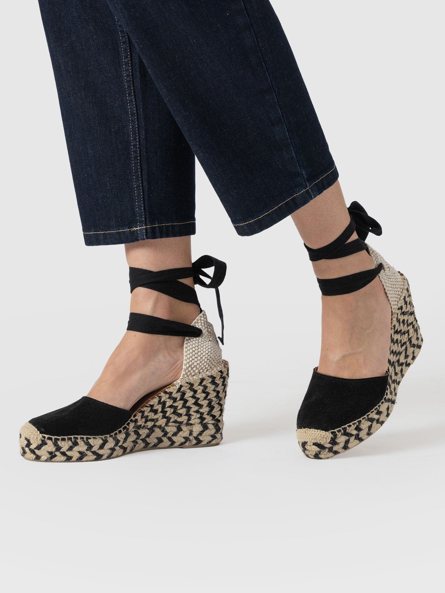 Rowe Espadrille Tie Wedges - Black Suede - Women's Shoes | Saint + Sofia® USA