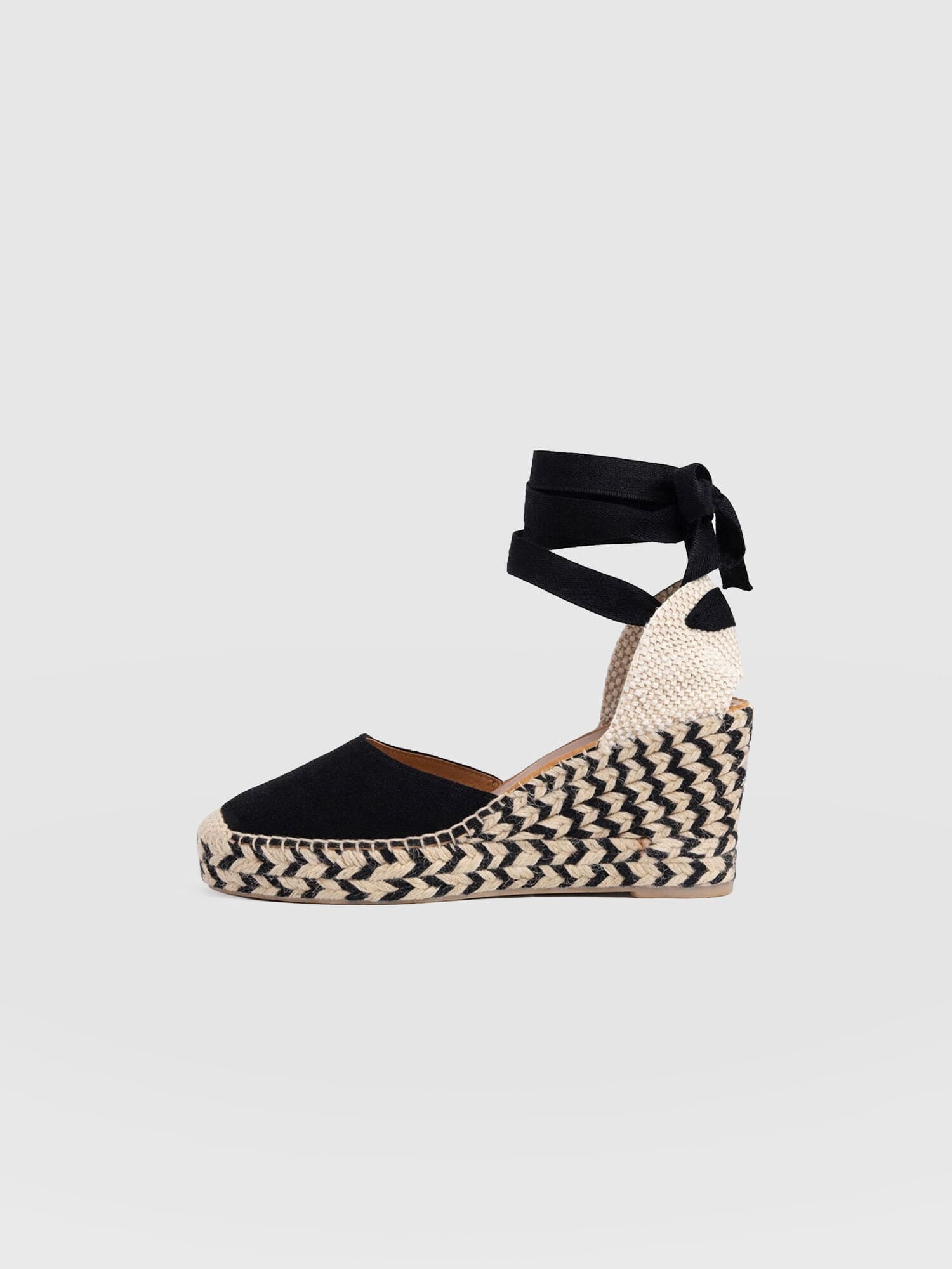 Rowe Espadrille Tie Wedges - Black Suede - Women's Shoes | Saint + Sofia® USA
