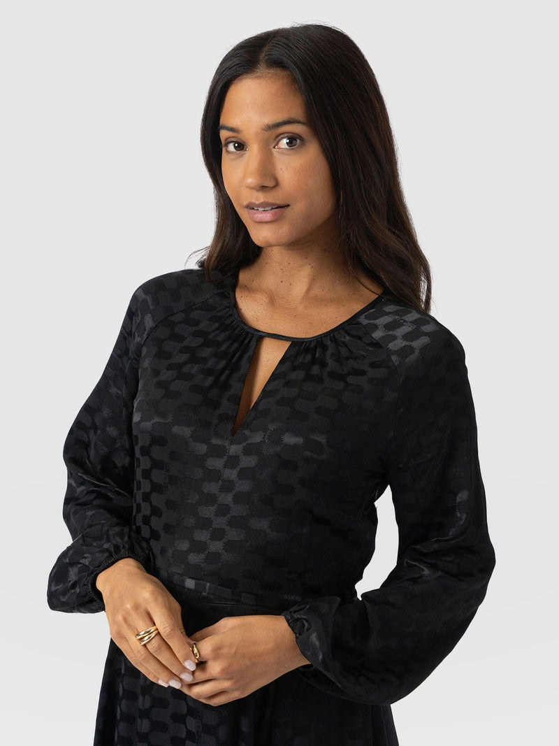 Ruby Flare Midi Dress - Black Jacquard - Women's Dresses | Saint + Sofia® USA