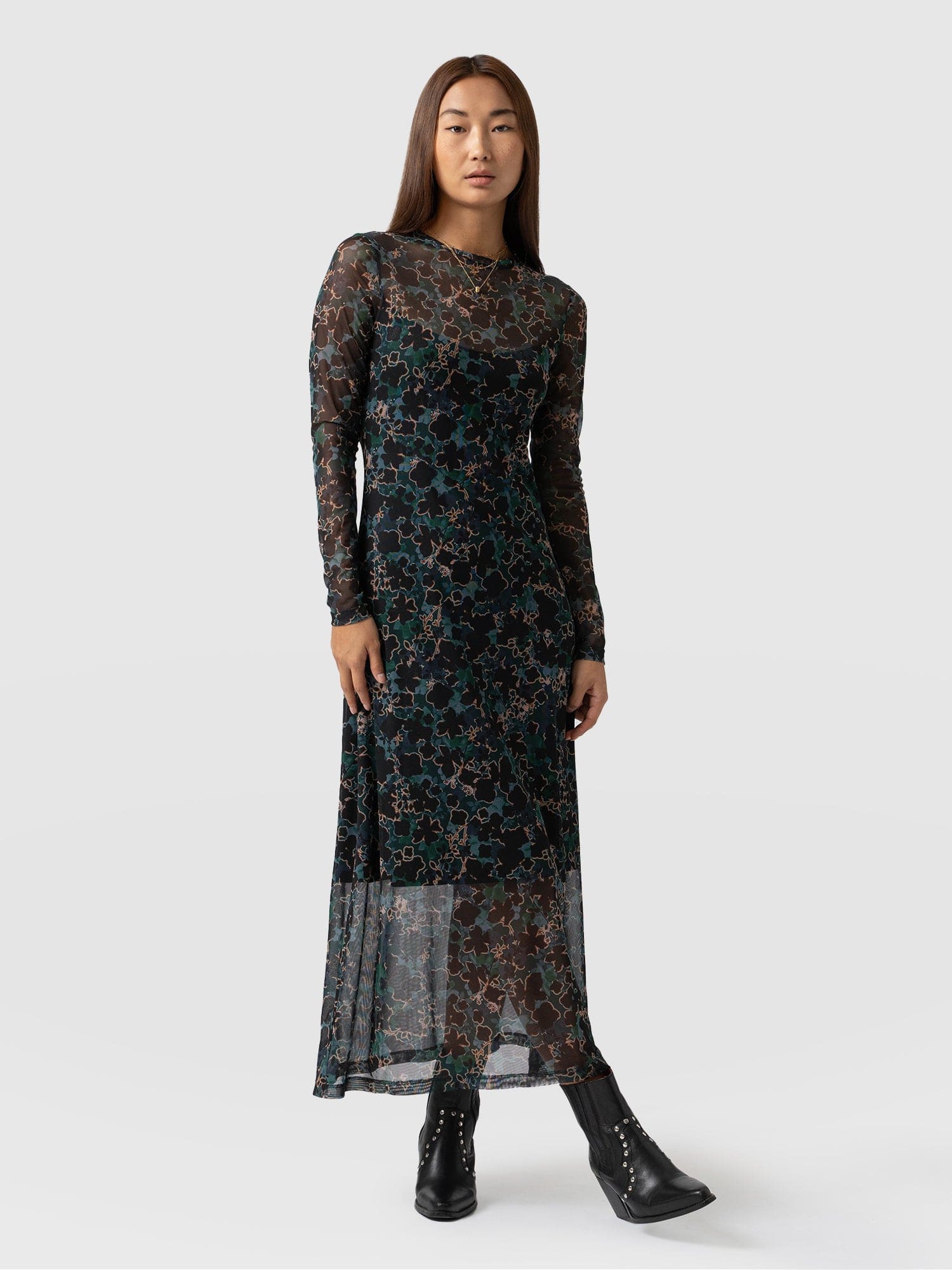 Embroidered mesh shop dress long sleeve