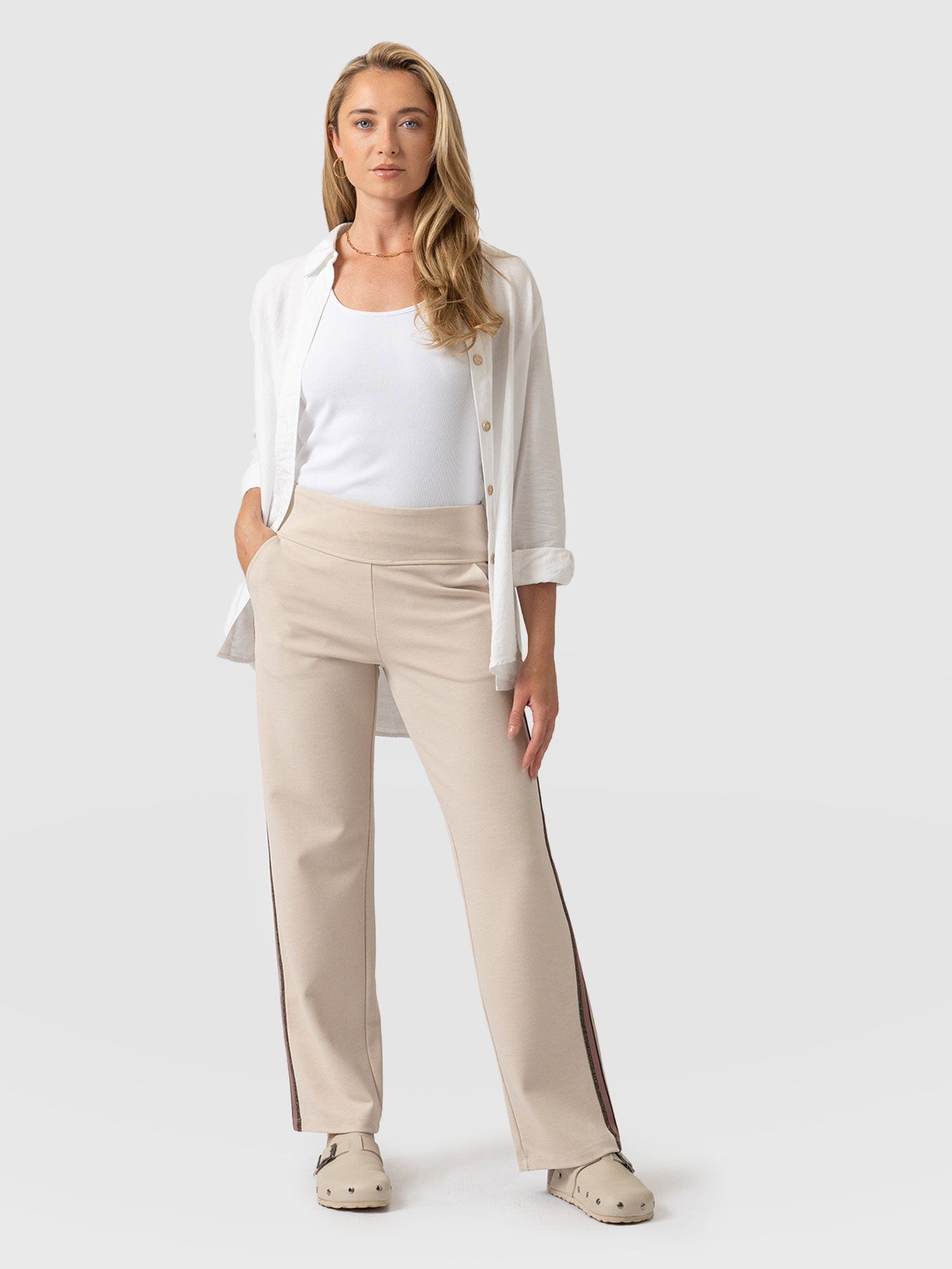 Runway Pant Light Beige with Gold Lurex Tape - Women's Trousers | Saint + Sofia® USA