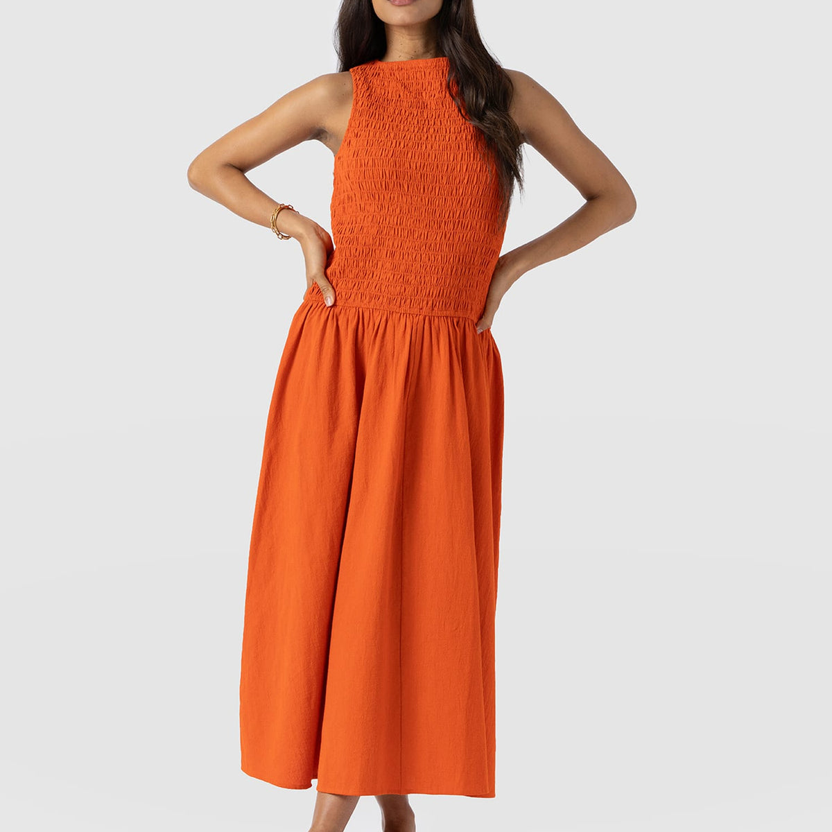 Sadie Shirring Dress - Burnt Orange - Women's Dresses Sadie Shirring Dress - Burnt Orange - Women's Dresses