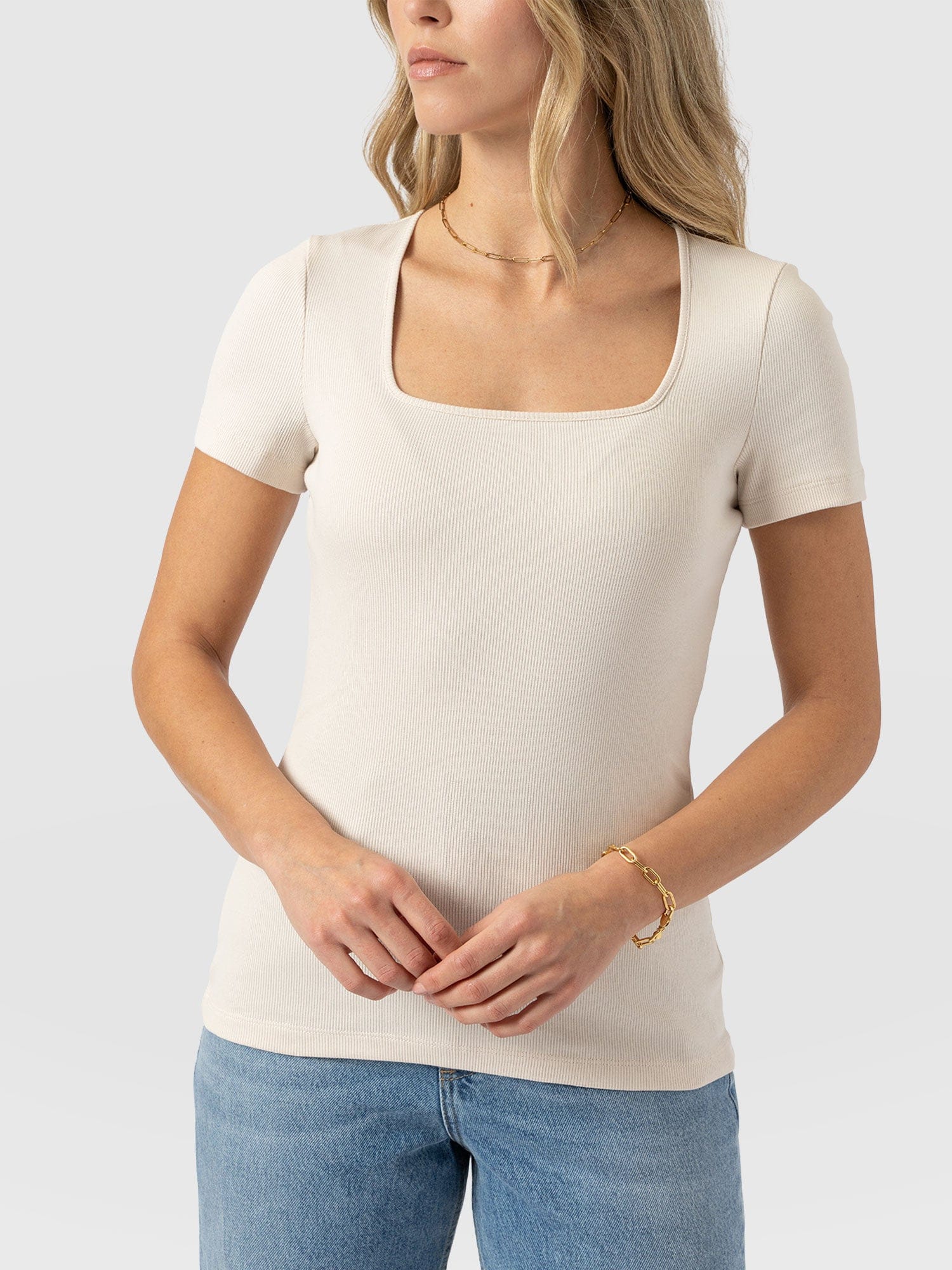 Sloane Ribbed Short Sleeve Tee - Cream - Women's T-shirts | Saint + Sofia® USA