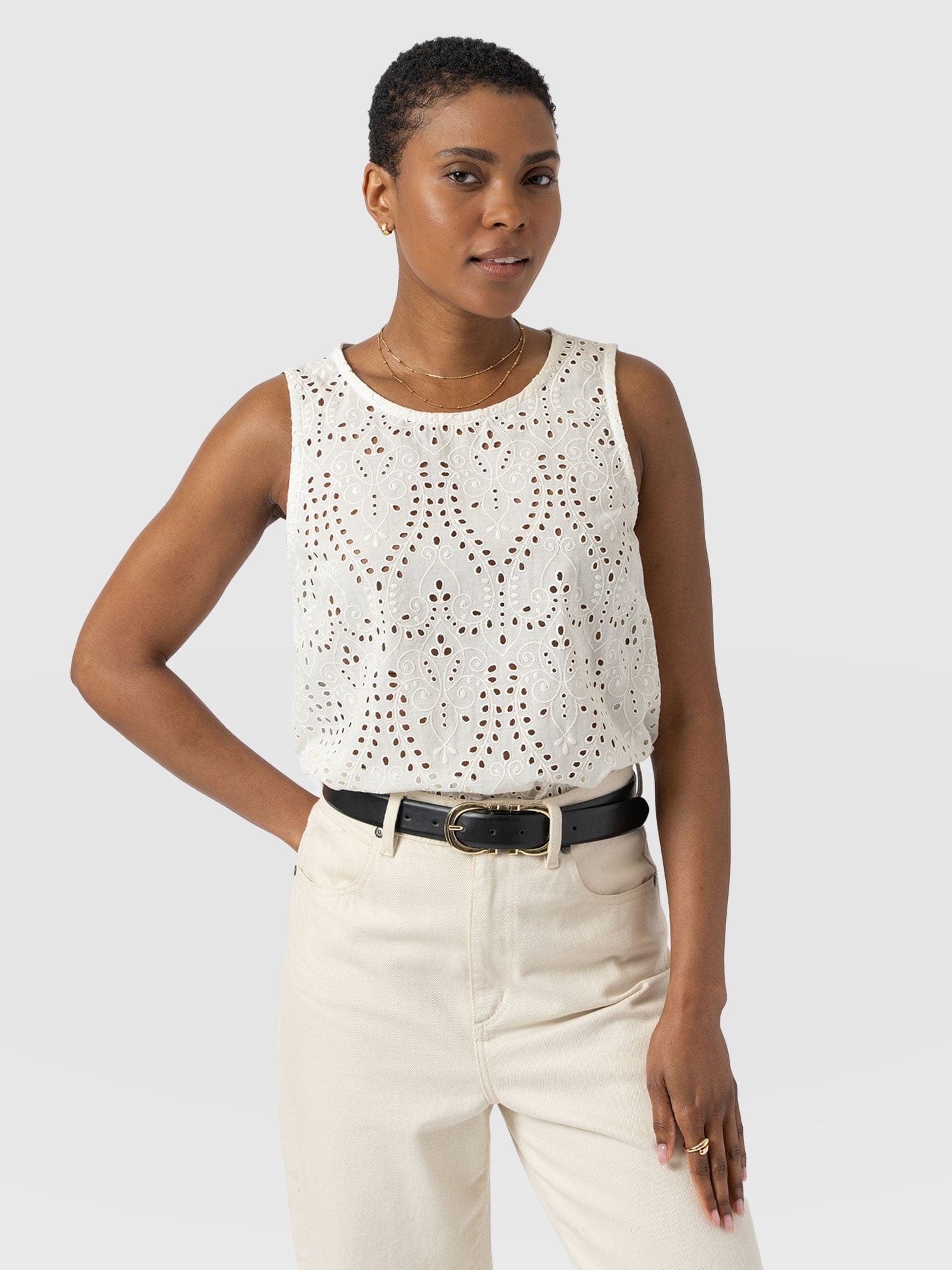 Sophia Contrast Tank - White Broderie - Women's T-shirts | Saint + Sofia® USA