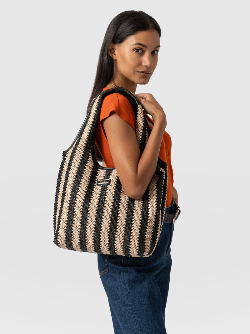 Stella Shoulder Tote Bag Beige/Black Raffia - Women's Bags | Saint + Sofia® USA