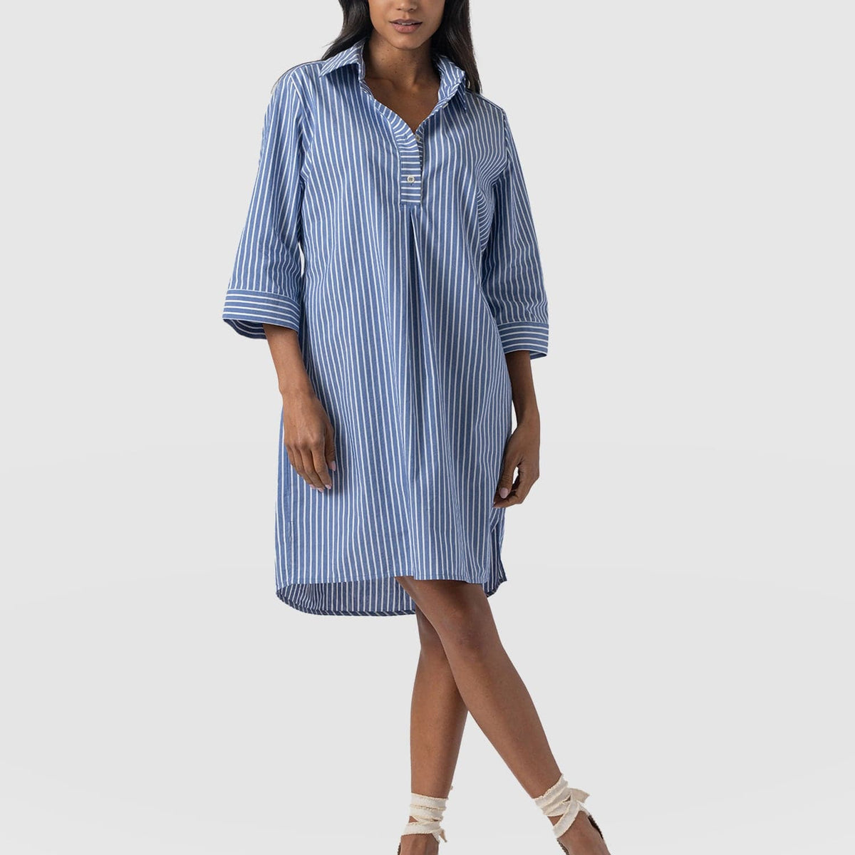blue women's dress shirt Womens 3/4 Sleeve Stretch Dress Shirt